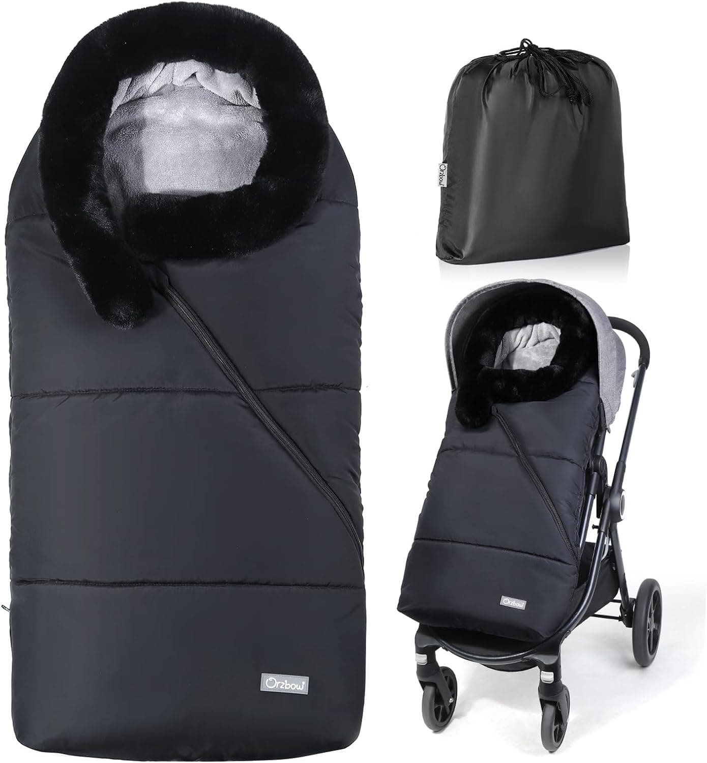 Orzbow Saco Silla Paseo Universal Invierno, Cuello de Pelo, Negro