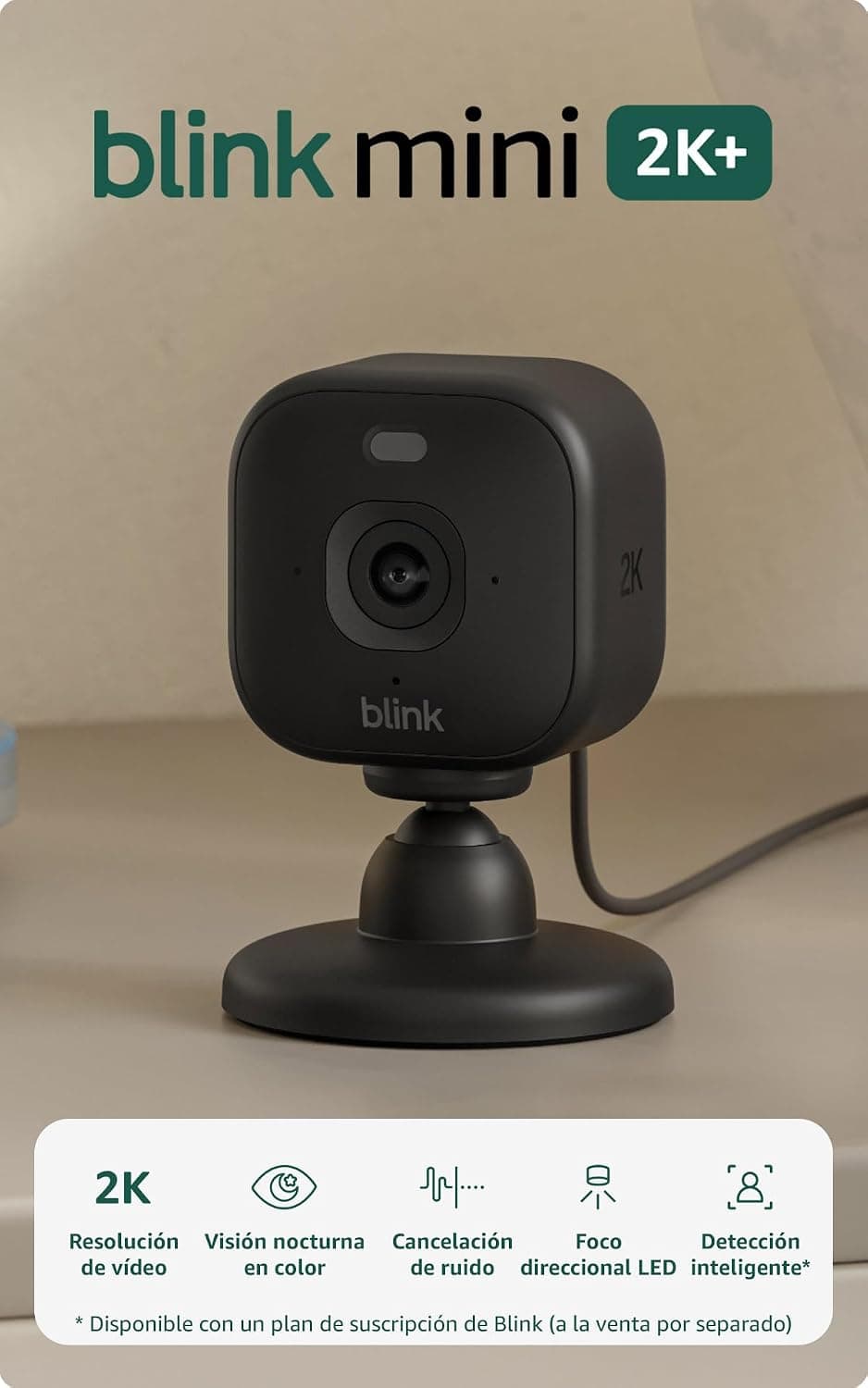 Cámara Mini 2K+ Blink (última generación) | Cámara de seguridad doméstica con enchufe, resolución de vídeo 2K, zoom de 4 aumentos, visión nocturna en color | Compatible con Alexa | 1 cámara - Negro
