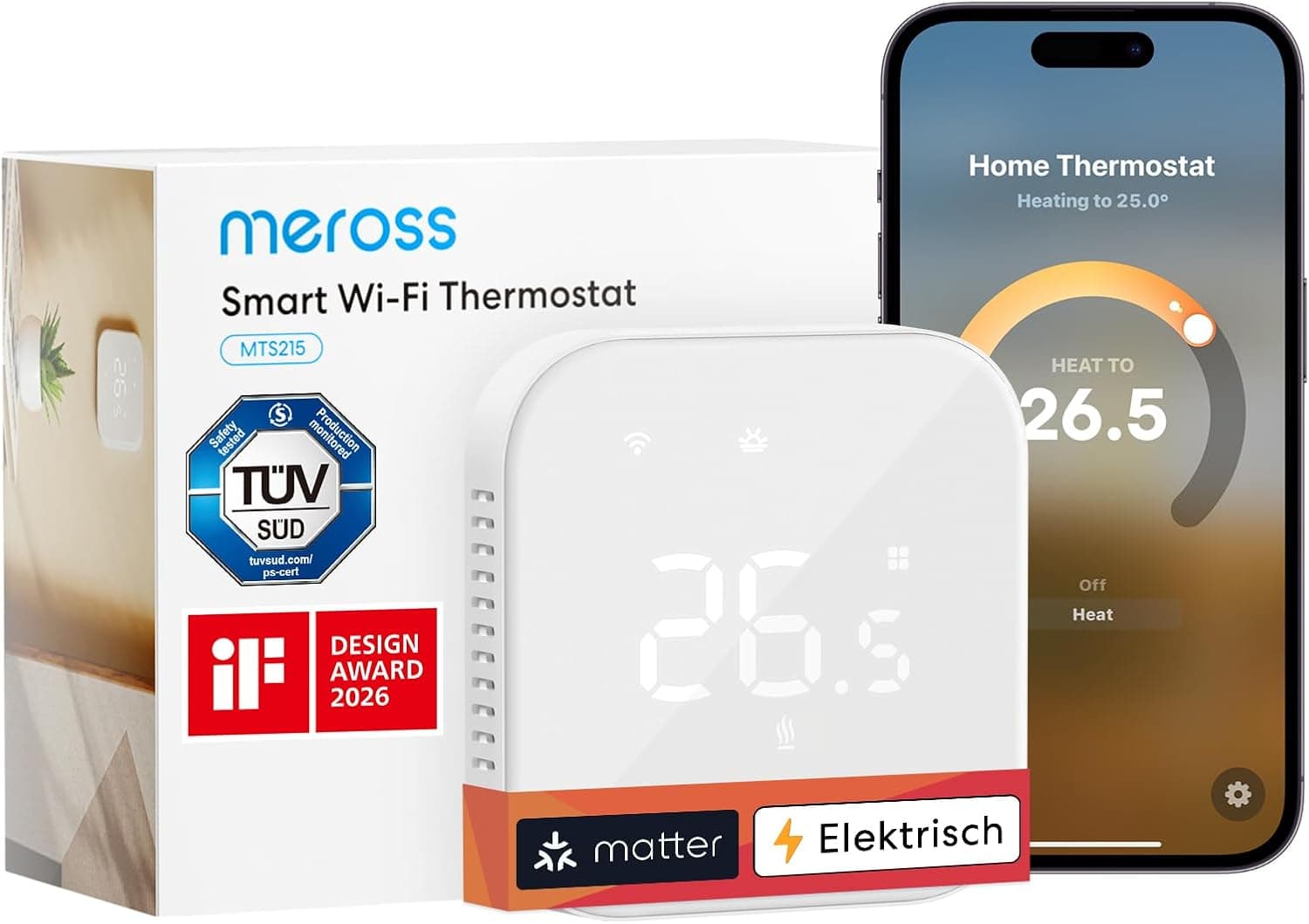 Meross Thermostat Matter, Sprachsteuerung und Zeitplan, 16A, 86x86x48mm