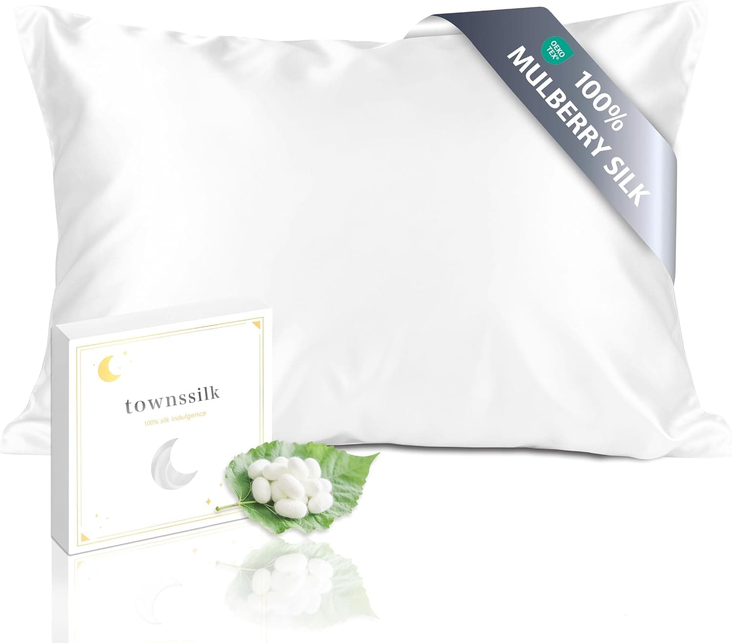 TOWNSSILK - Funda de Almohada 100% de Seda de Morera, cuida el Cabello y la Piel, Ambos Lados de Seda de 19 Momme, 1 Unidad,Blanco， 40 x 60 cm