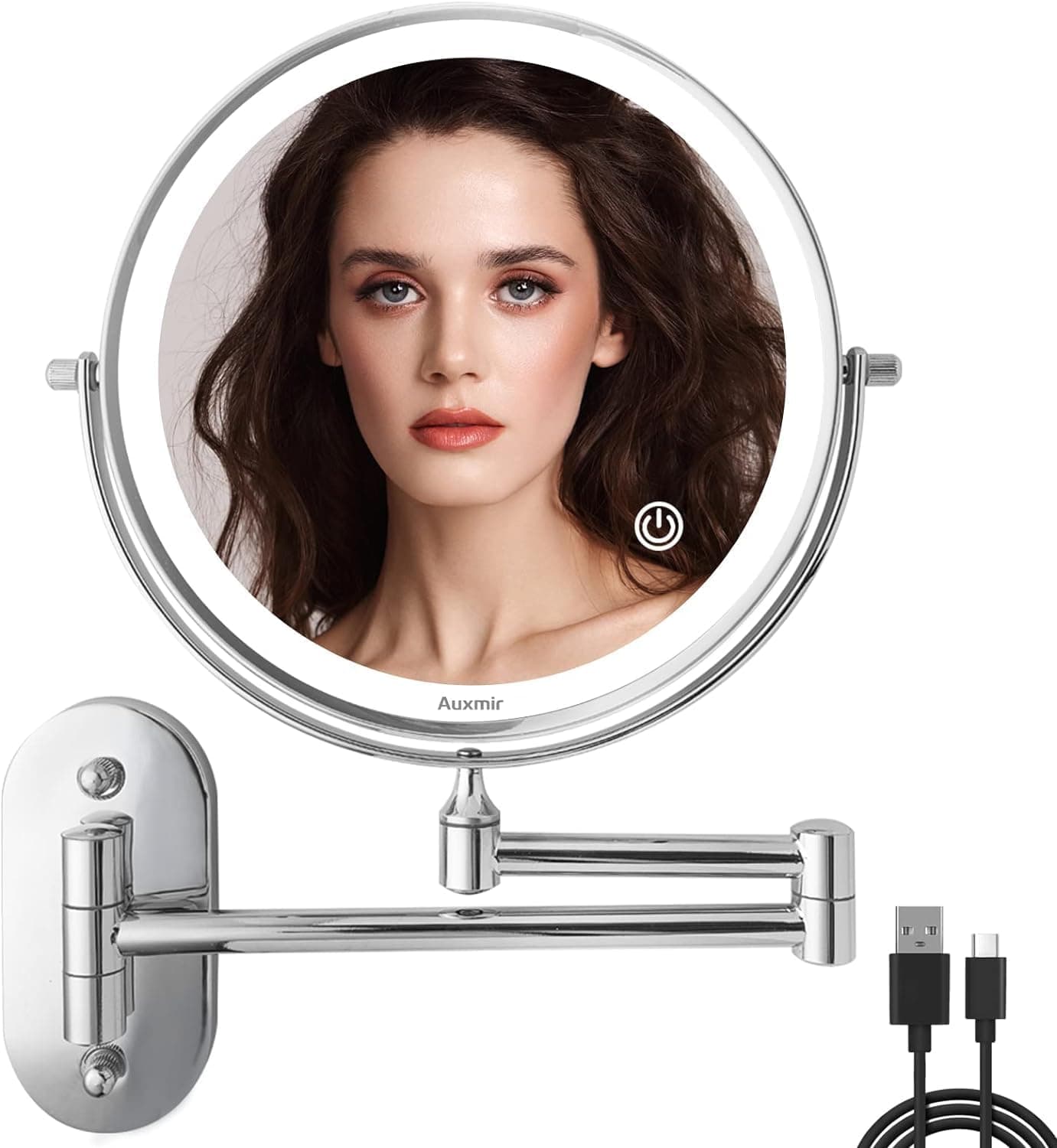 Auxmir Espejo Maquillaje con Luz Recargable, Aumento Doble Cara Giratorio 360, Espejo Baño Pared Extensible Táctil con USB, 3 Colores Brillo Regulable, para Hotel, Cromo