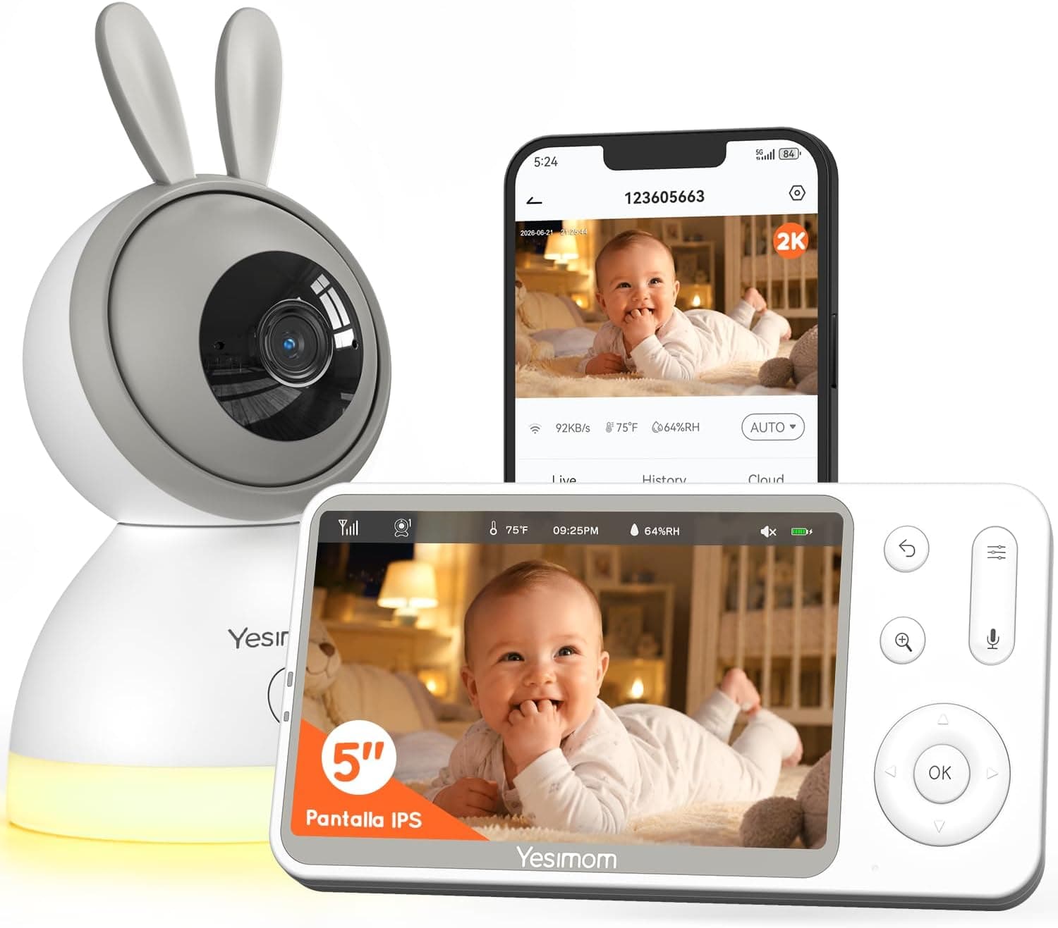 Camara Vigilancia Bebe 2K 3MP con Pantalla de 5”, PTZ 360°