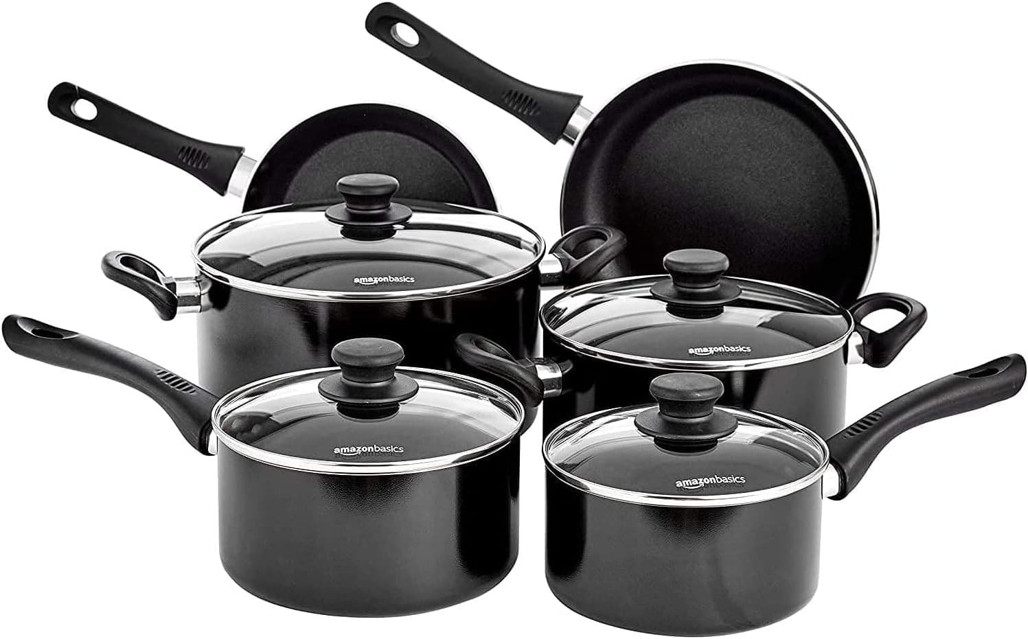Amazon Basics Juego de Utensilios de Cocina de Inducción Antiadherente - 6 Piezas, con Tapas, Negro