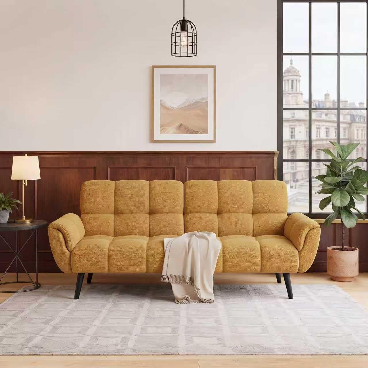 JIEXI Sofá Cama futón, sofá Cama Moderno de Lino de 195 cm con respaldos Ajustables, Amarillo, sofá Convertible 4 en 1 para Sala de Estar, Dormitorio (Amarillo, 195 cm)