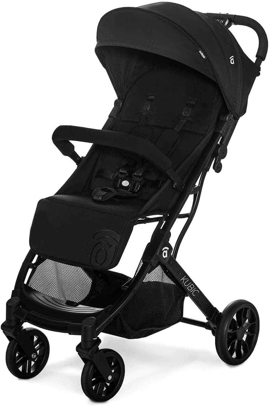 Silla de Paseo KUBIC 2- Ligera y Compacta con Plegado con una Mano, Ruedas Grandes, Reclinable y Apta para Cabina – Carrito de Bebé con Asa Trolley y SPF50+ – Negro Asalvo