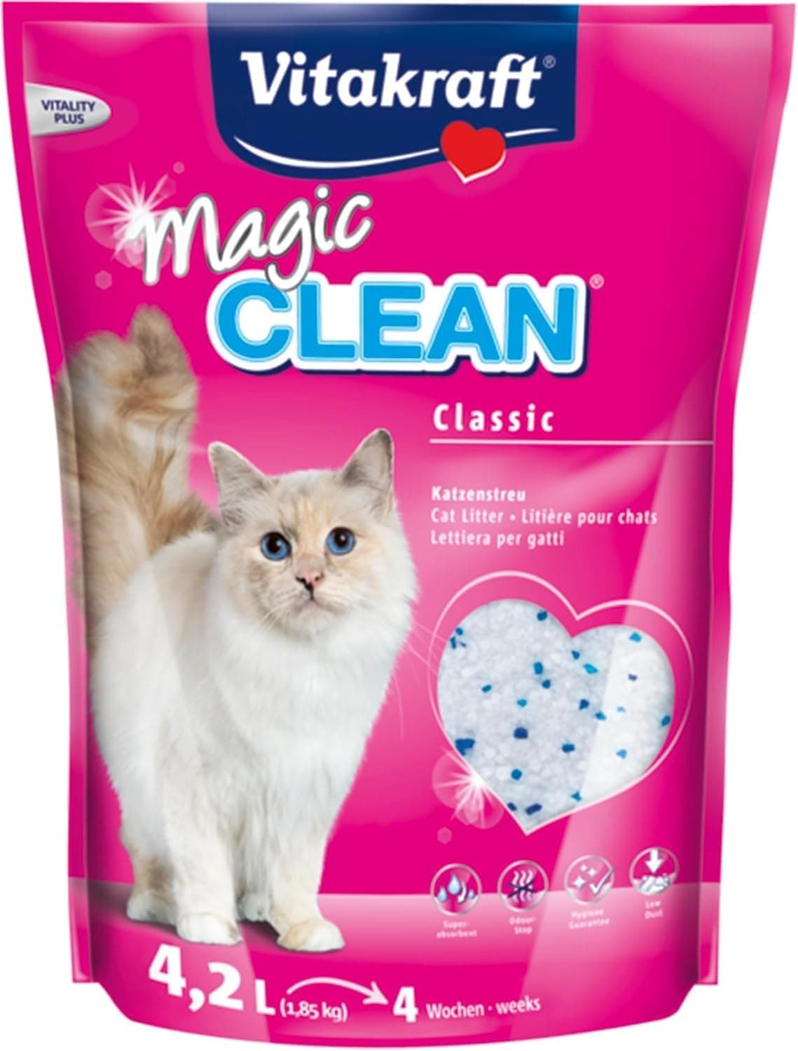 Vitakraft Magic Clean Classic, Arena no aglomerante para Gatos, Fabricada con microesferas minerales, inhibe Las bacterias, Especialmente Baja en Polvo, Tiene una duración de 4 semanas (1x 4,2l)
