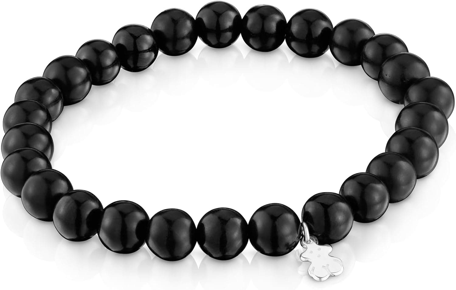 TOUS Pulsera Elástica Negra de Azabache con Motivo de Oso en Plata de Primera Ley para Mujer, 16.5cm de Largo, Colección Basics