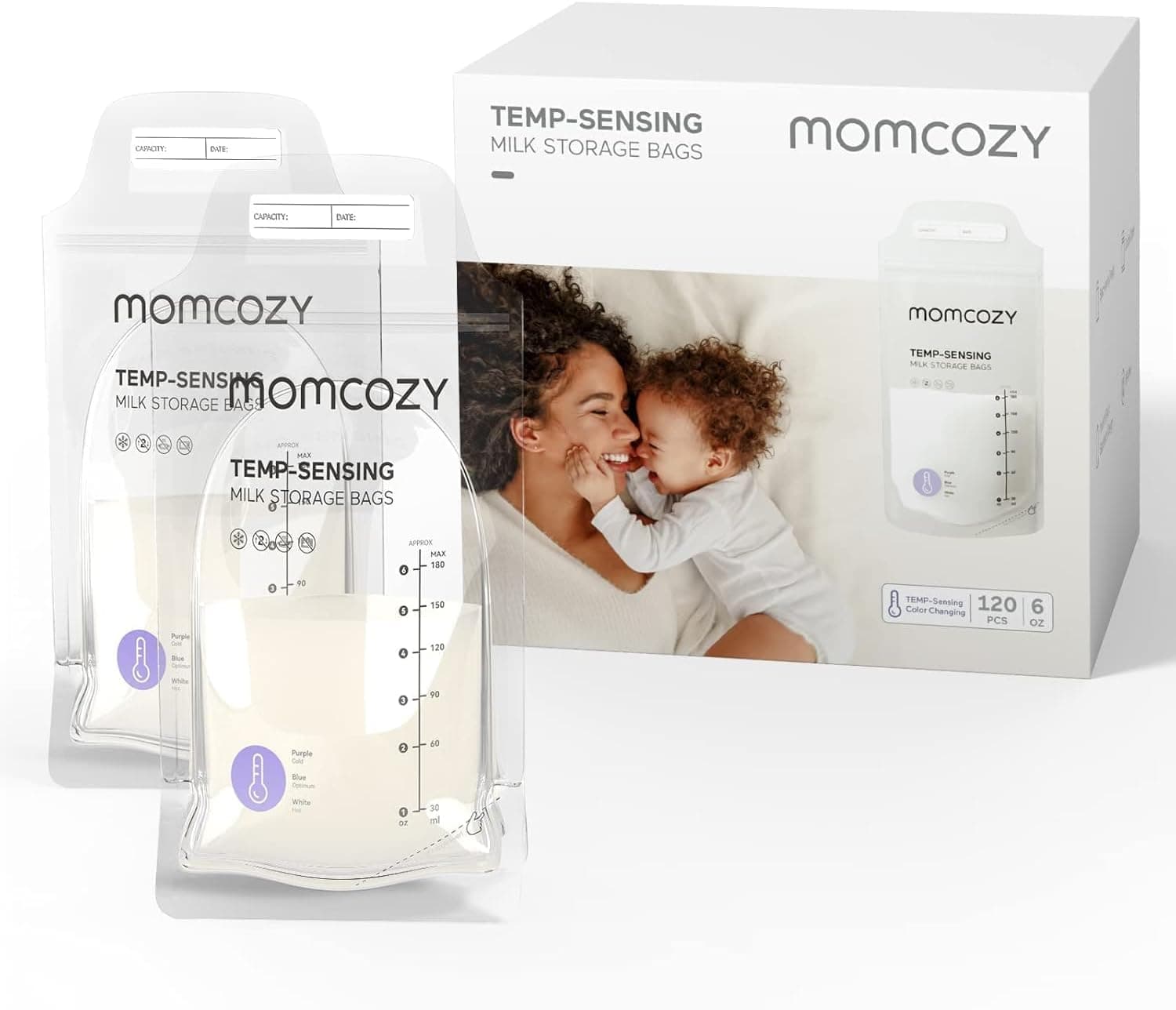 Momcozy 120 Bolsas de Almacenamiento de Leche Materna Con Detección de Temperatura - Desechables, 180ml