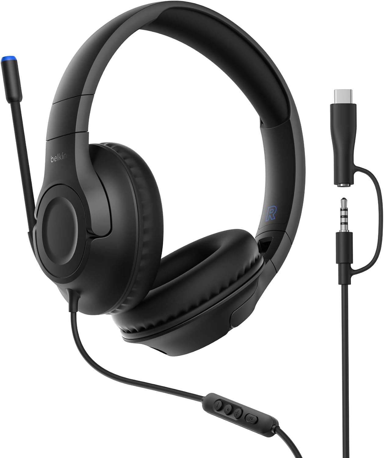 Belkin Gaming Inspire Auriculares para niños con Cable y Adaptador USB-C, Micrófono Externo Ajustable, Limitador del Volumen a 85dB, Nintendo Switch 2, iPhone 16, Samsung Galaxy S25 y tabletas, Negro