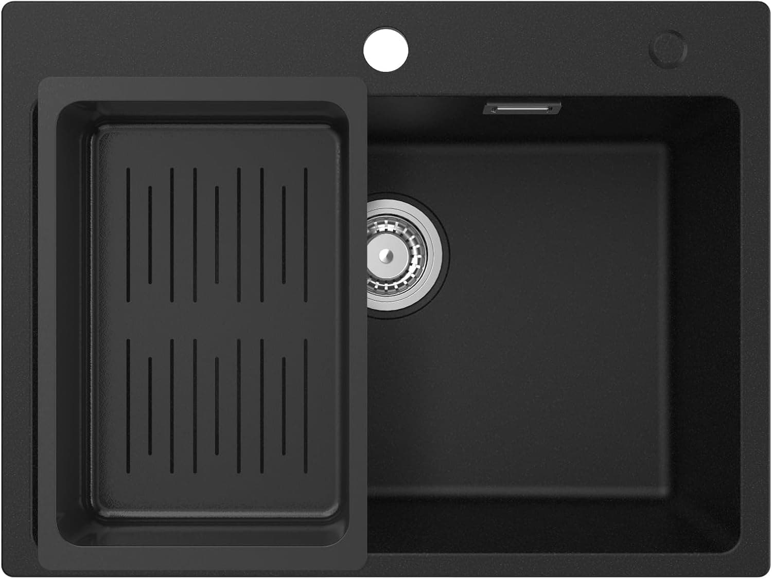 CECIPA Fregadero de Cocina Negro 60 x 45 cm, 1 Seno con Cestillo Colador, Granito con Sifón Classic y Rebosadero, para Mueble Bajo a Partir de 60 cm