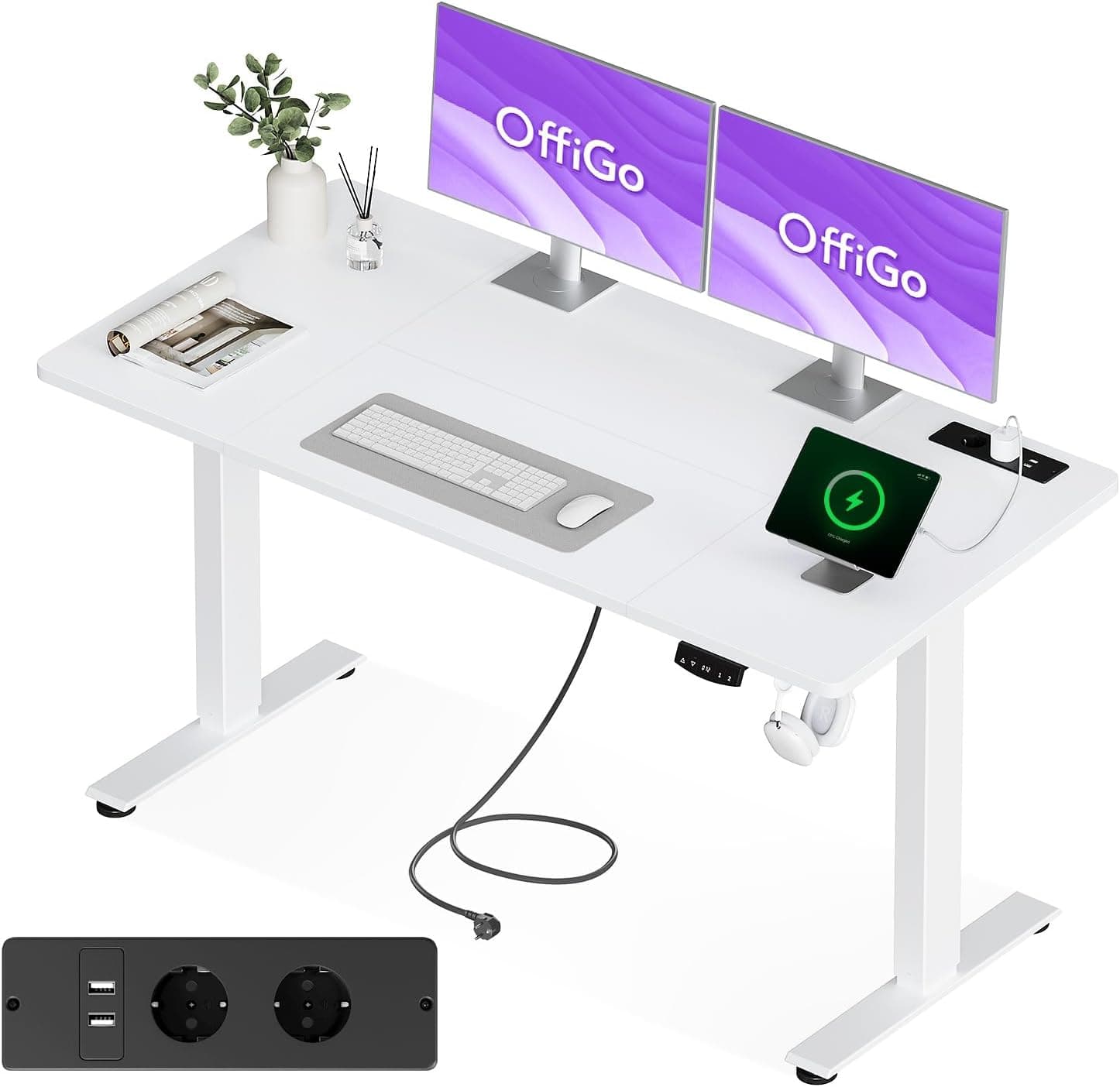 OffiGo Escritorio Elevable con Enchufes, 160 x 80 cm Mesa Elevable, Blanco