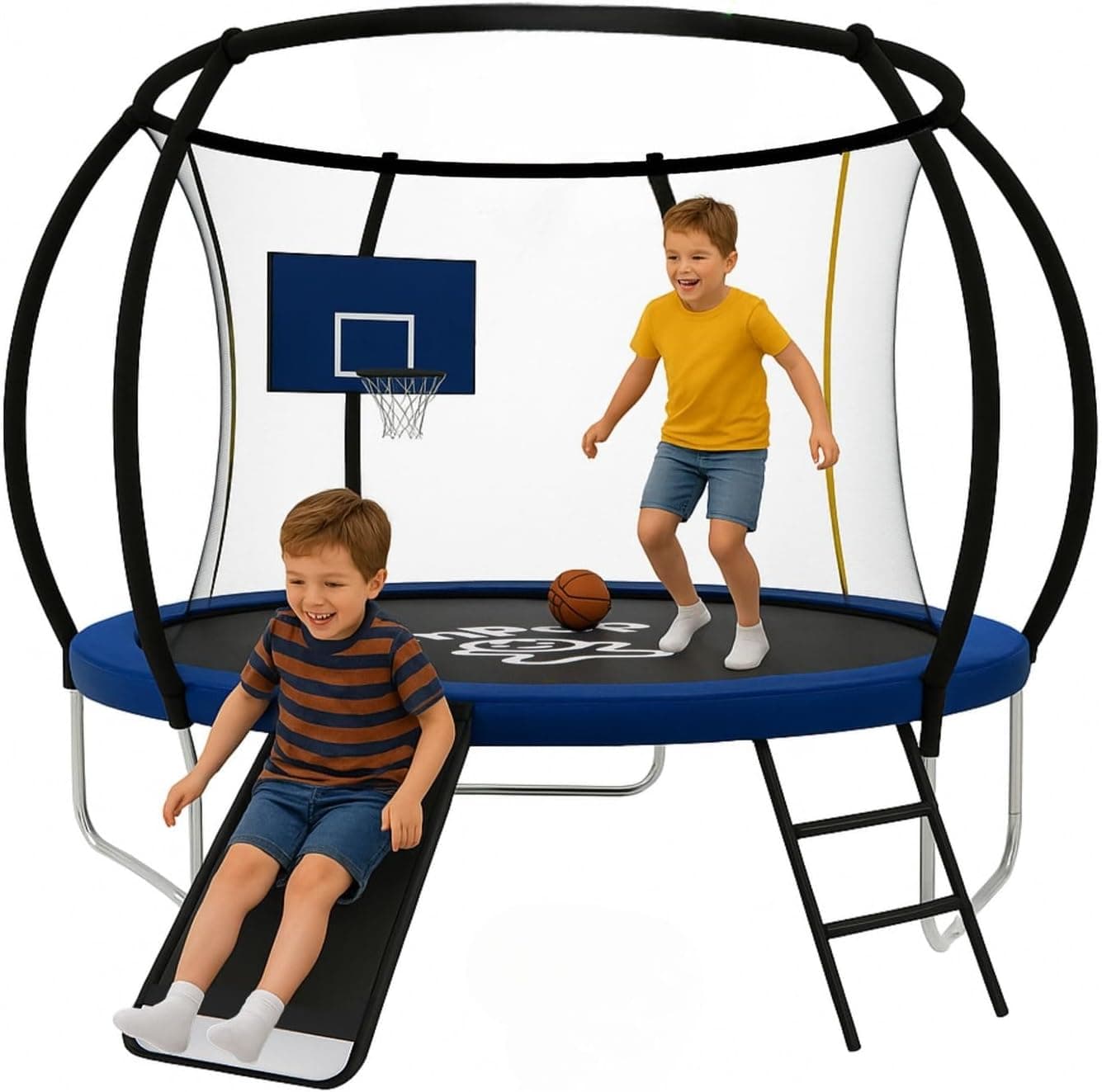 Trampolines para Niños en 183/244/305cm con Tobogán de Regalo + Canasta y Pelota de Basket | Camas Elásticas para Niños Exteriores con Vídeo QR incluído de Montaje