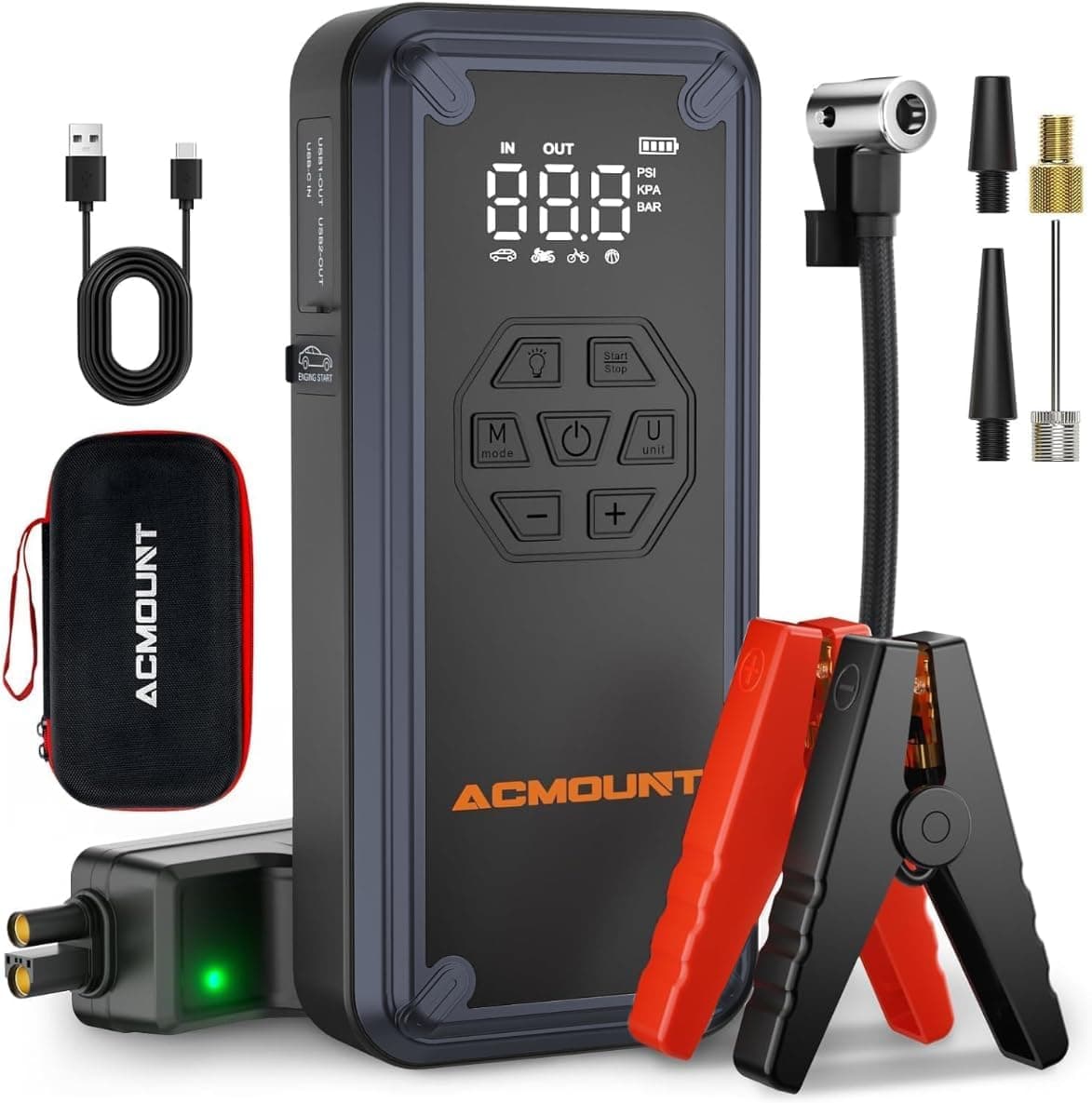 Arrancador de Coches 8000A con Compresor, Acmount W160 Booster Bateria