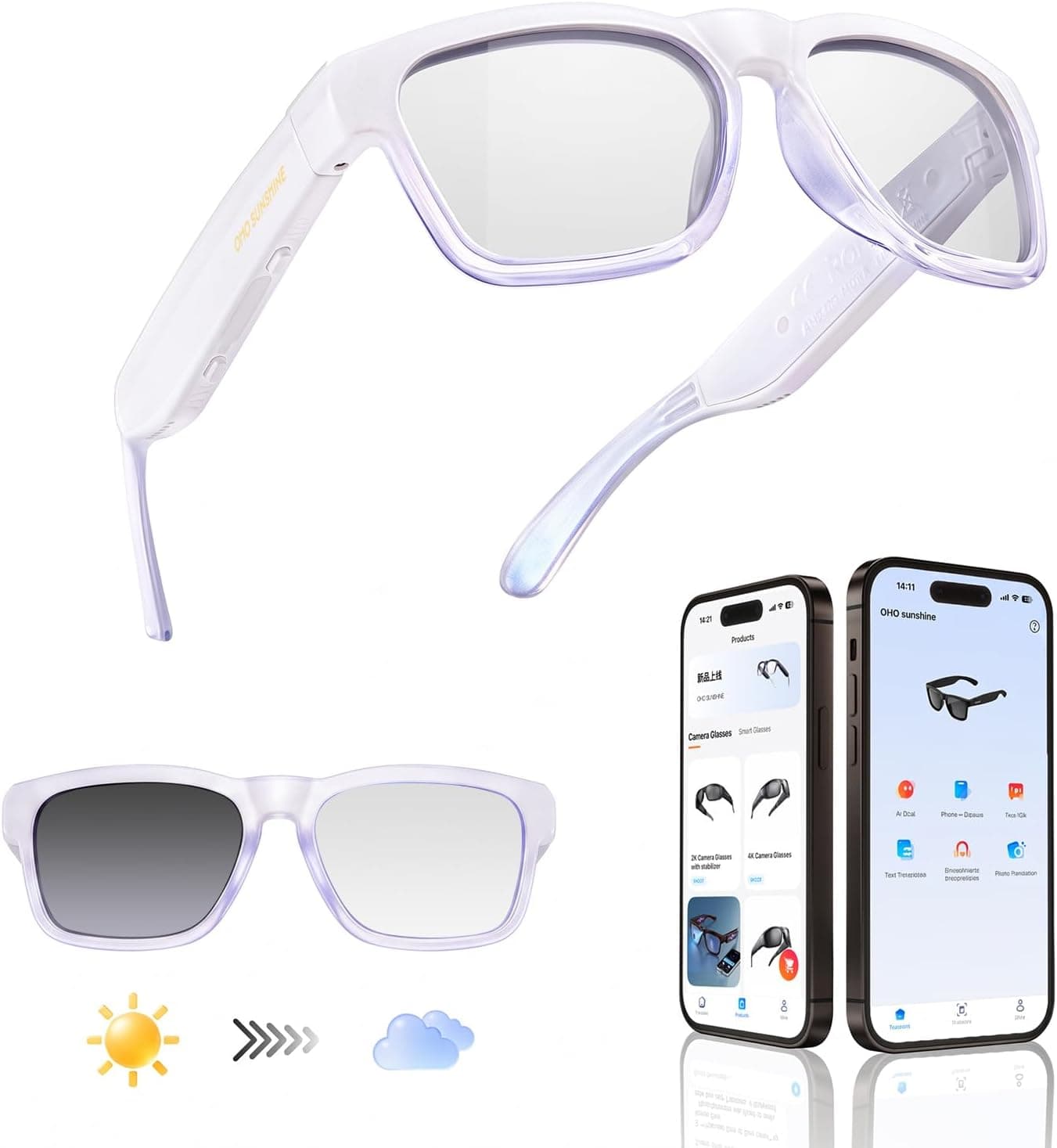 OhO sunshsine AI Glasses, Bluetooth Audio Sunglasses with 10H Playtime, ChatGPT Translation Water Resistant Open Ear Glasses