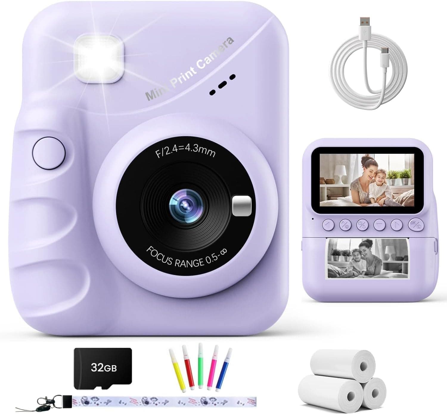 TIATUA Cámara Fotos Infantil Instantánea, 3,0" 48MP Selfie, Morado
