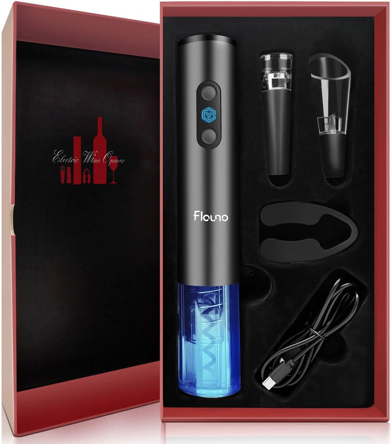 Flauno Sacacorchos Eléctrico 6 en 1 Inalámbrico, Abridor de Vino Automático con Tapón al Vacío y Decantador, Abrebotellas para Vino Tinto, Ideal para Fiestas, Citas y Regalo, Gris