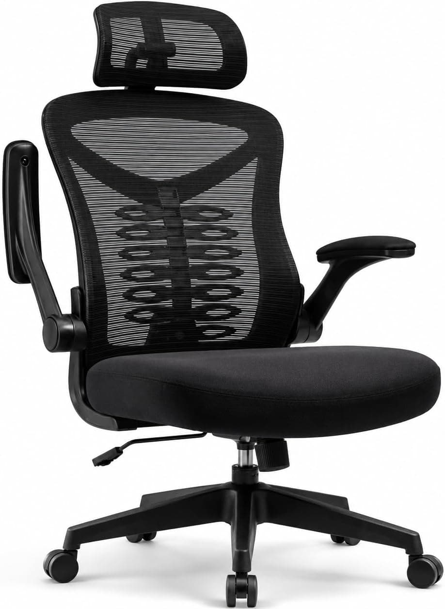 Magic Life Silla de Escritorio Sillas de Oficina Reposabrazos abatible de 90 ° Silla ergonómica para computadora Soporte Lumbar Altura Ajustable Giratoria de 360 ° Mecedora (Negro)