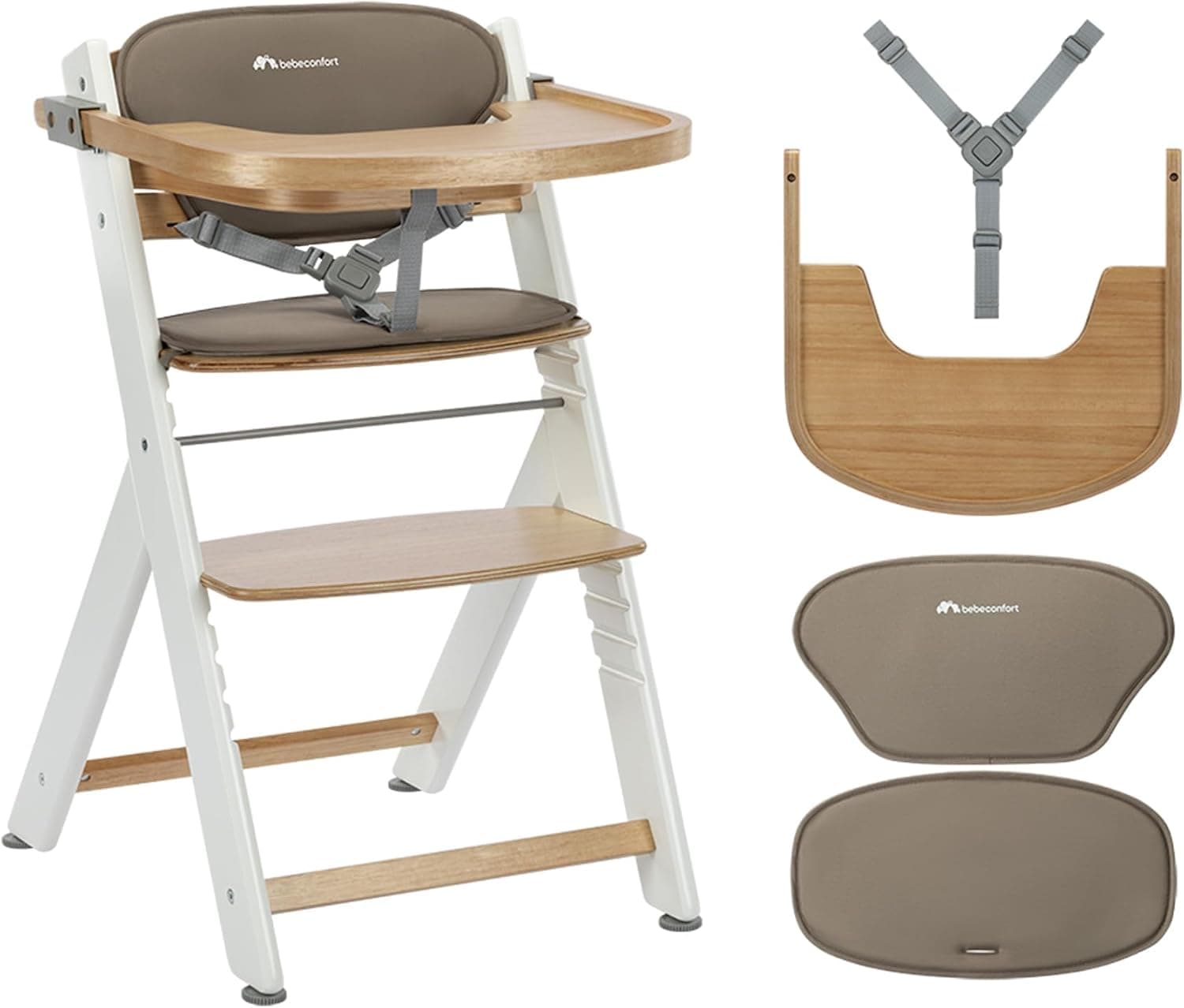 Bebeconfort Timba 2 con Cojín, Trona Bebé Evolutiva, Desde 6 meses hasta 110 kg, Silla Trona Bebé Comedor Ergonómica, Apta Todo Tipo Mesas, Bandeja Extraíble, Con Arnés, Natural Wood (Madera)+Beige