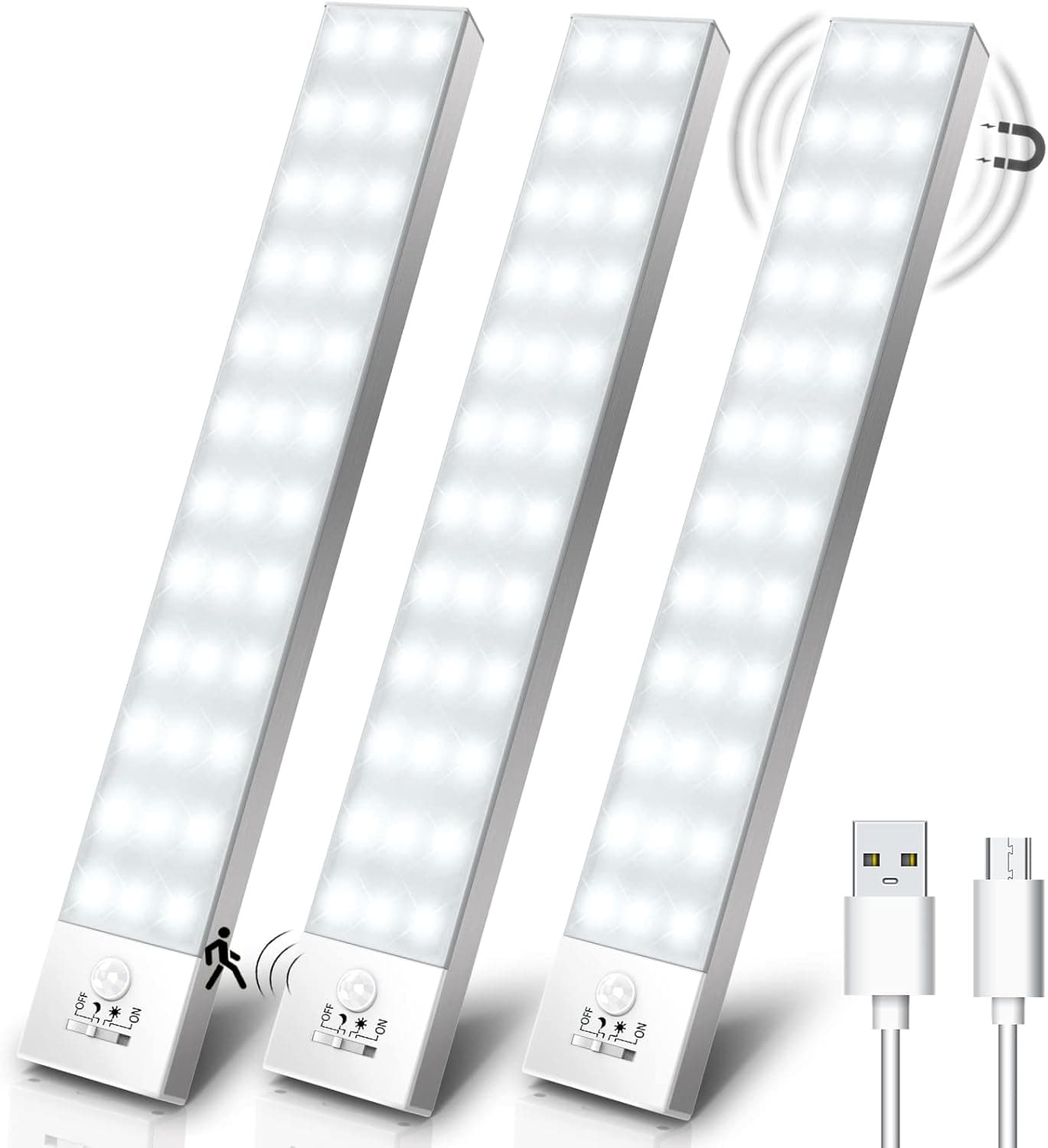 Luz LED Armario Luces con Sensor de Movimiento Blanco Natural 4 Modos luz del gabinete Adhesiva Magnética USB Recargable 1000mAh Luz Nocturna Lámpara para Sótano, Baño,Mesa de cosmética-3 Piezas