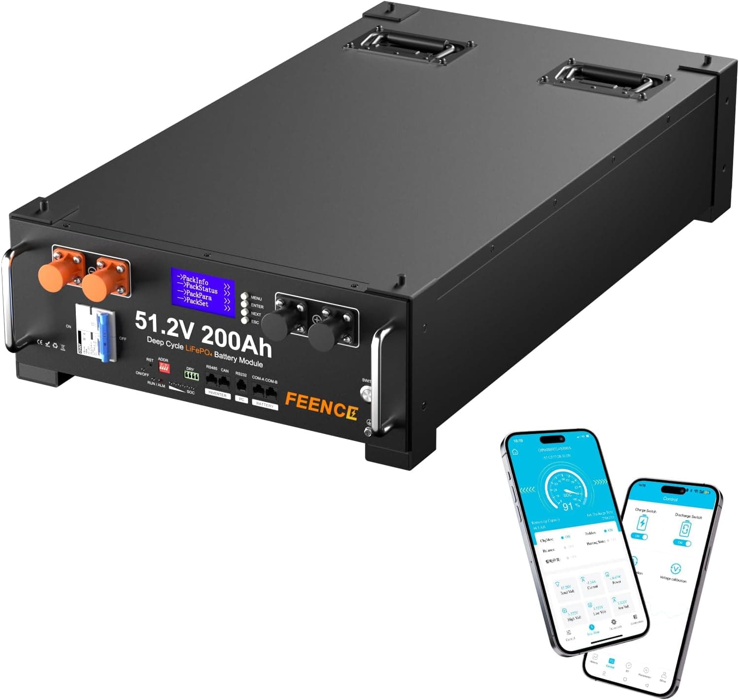 LiFePO4 - Batería de litio (48 V, 200 Ah, 10,24 KWh, para sistema solar, sistema fotovoltaico y almacenamiento de energía, soporta la comunicación con inversores de bajo voltaje de 48 V)
