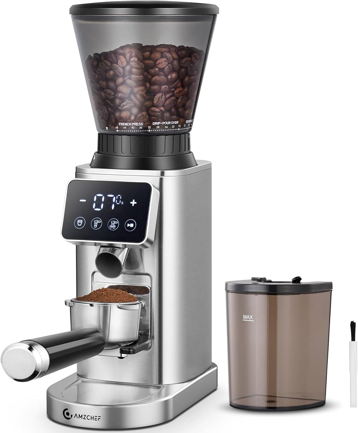 AMZCHEF Molinillo de Café Eléctrico con 48 Niveles de Molienda, Sistema Antiestático, Pantalla Táctil LCD, Depósito de 300 g, Acero Inoxidable, para Espresso, Café Filtrado, French Press