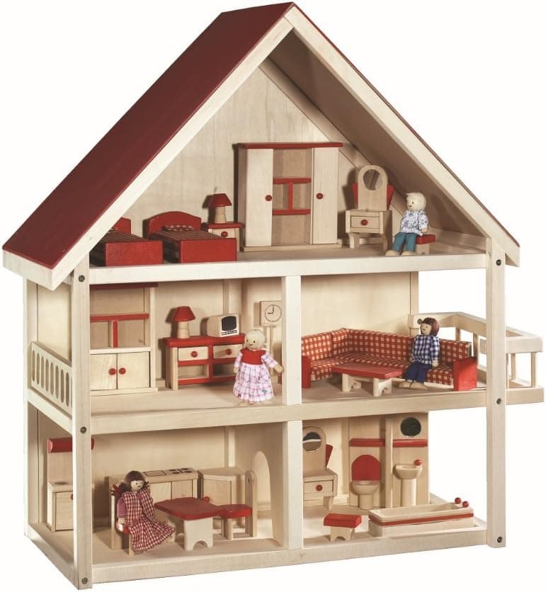 roba Casa de Muñecas de Madera con Balcón + 16 Piezas de Muebles en Miniatura y 4 Muñecas - Juguetes para Niños a partir de 3 Años - Natural / Rojo