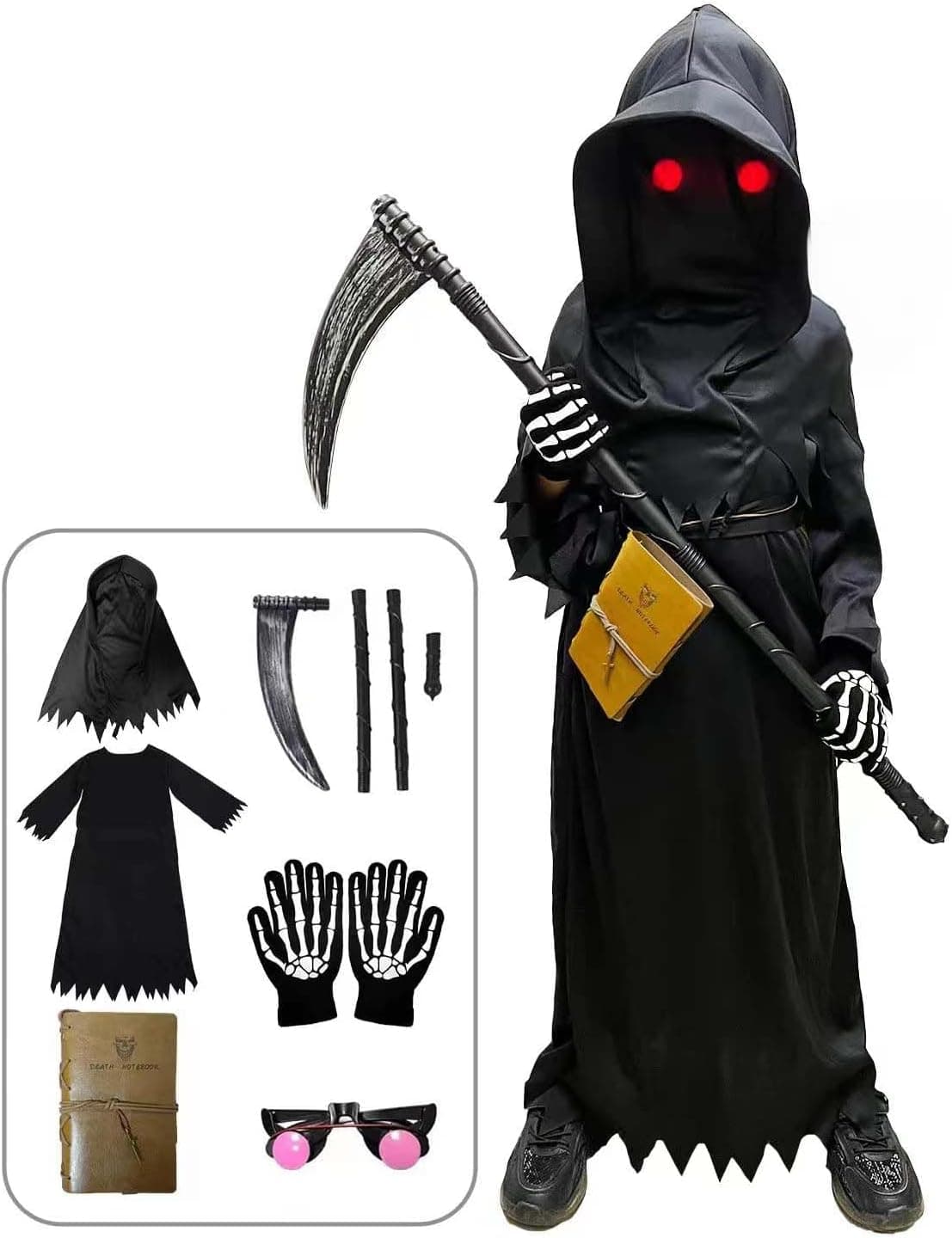 Disfraz Halloween Niño Disfraz Muerte Niño, Disfraz Niño Halloween Disfraz Muerte con Death Notebook, Gafas Fosforescentes, Guadaña y Guantes