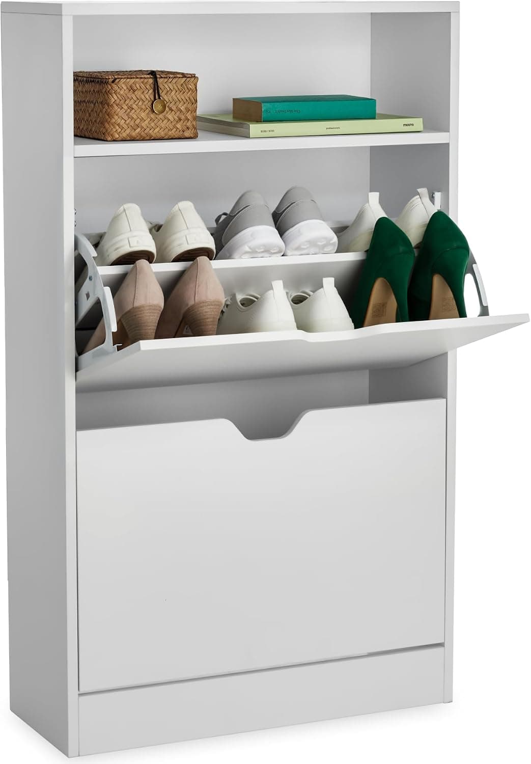 tectake® Moderno Zapatero con 2 Cajones Abatibles y 4 Niveles, Capacidad 12 Pares de Zapatos, 60x24x102 cm Estanteria Abierta, Antivuelco, Montaje Sencillo, Organizador, Estrecho - Blanco