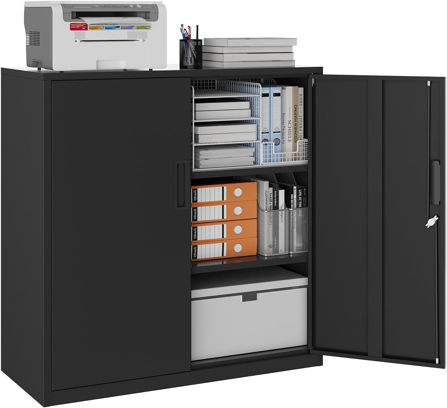 YOUDENOVA Archivador de archivos, 90 x 90 x 40 cm, de metal, con cerradura con 2 puertas, armario multiusos con 3 niveles, negro, con estantes ajustables