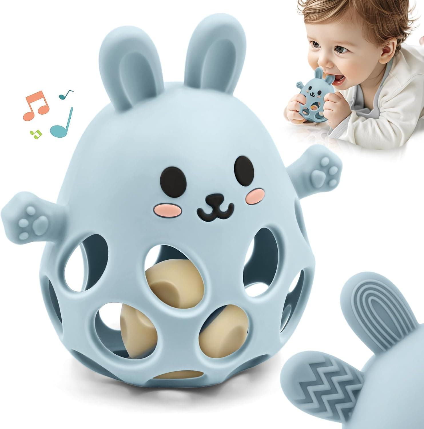 Forma de Conejito Alivio de la Dentición Mordedor Juguetes para Bebés, Mordedor Seguro con Sonajero, Blandito y Fácil Agarre Silicona Alimenticia, Juguete 3 6 9 12 18 Meses Niño Niña Autismo, Azul