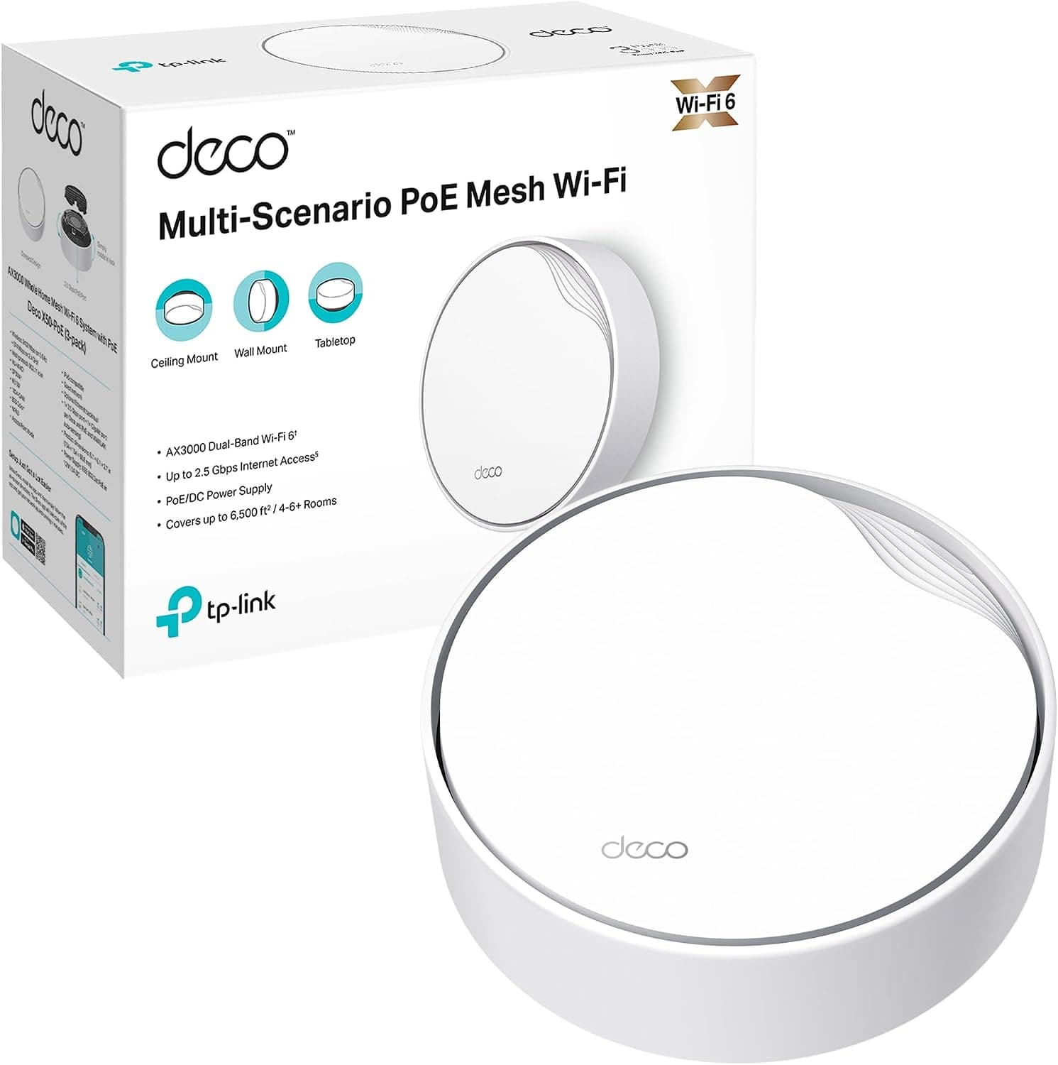 TP-Link Deco X50-PoE(1-Pack) - WiFi Mesh AX3000 Mbps,Dual-Band, Sistema WiFi 6, 1 Puerto 2.5 Gbps + 1 Puerto Gigabit，hasta 230 m²，conesta hasta 150 Dispositivo，Compatible con Google Home y Amazon