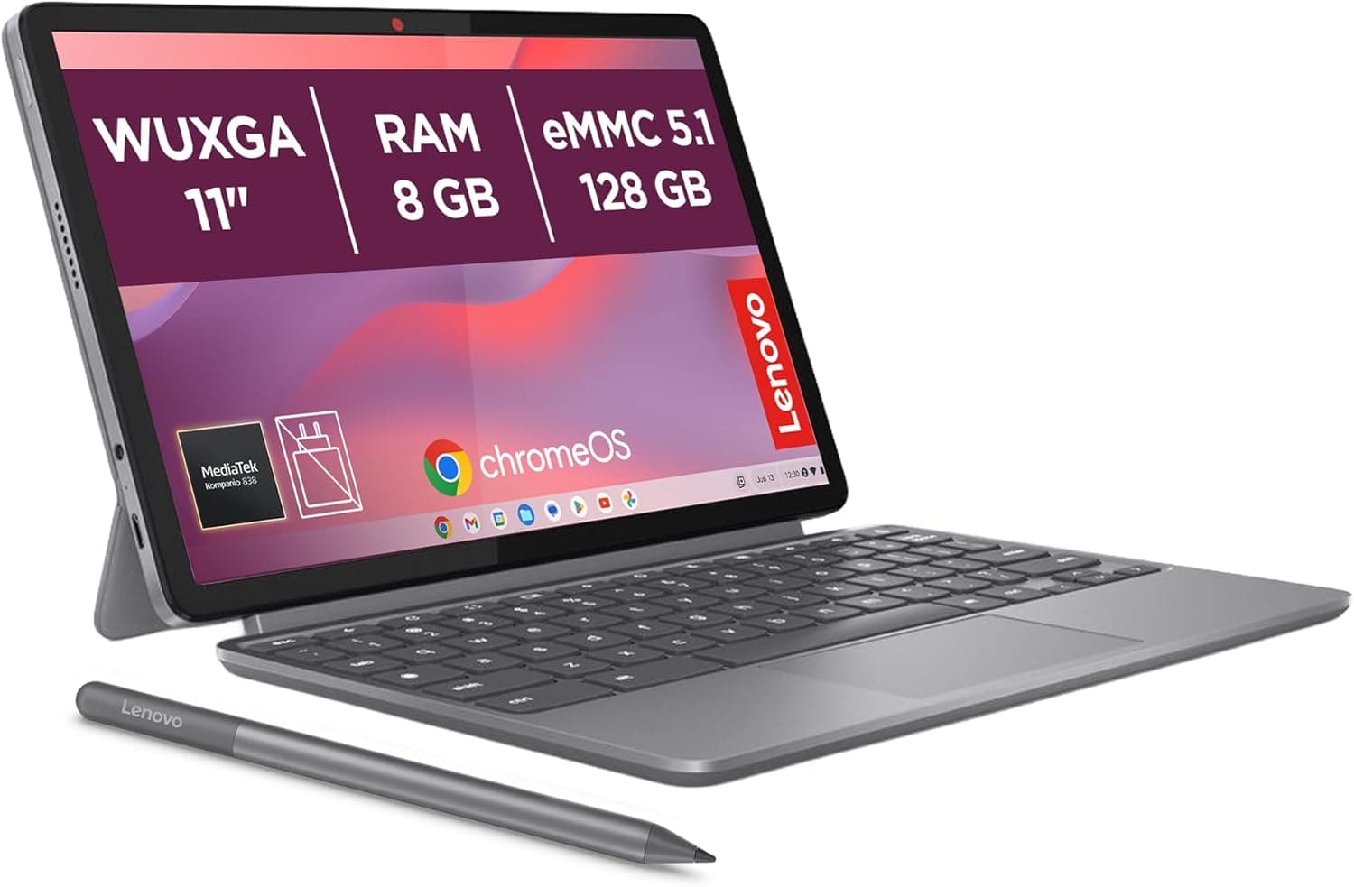 Lenovo Chromebook Duet Gen 9-11" WUXGA Táctil + Lápiz Incluido (MediaTek Kompanio 838, 8GB RAM, 128GB Emmc, ChromeOS) Gris QWERTY + 3 Meses Google AI Pro con Gemini Pro y 5TB