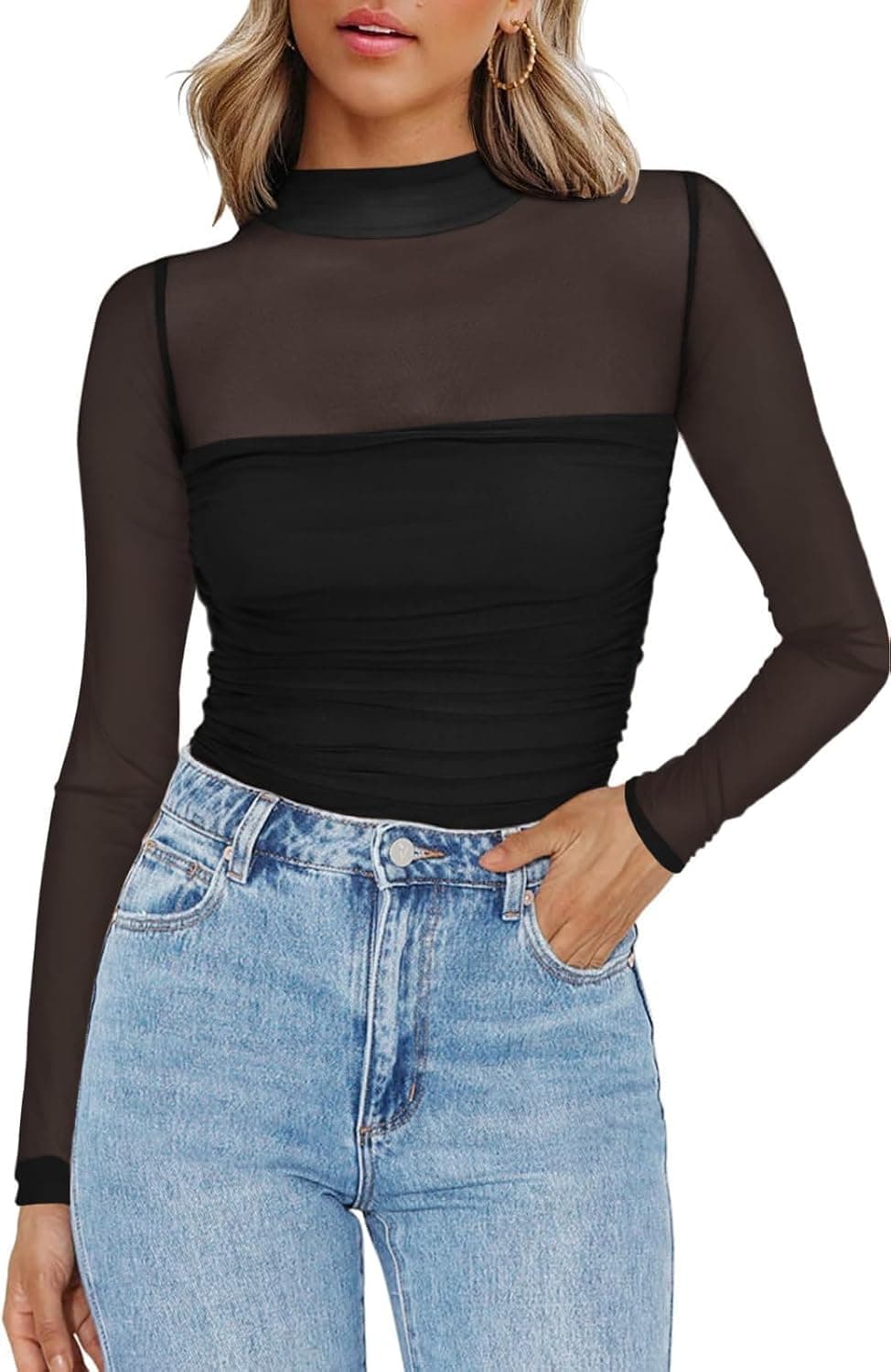 Zeagoo Camiseta de malla para mujer, transparente, cuello redondo, manga larga, sexy, para fiestas, corte ajustado, camiseta de manga larga