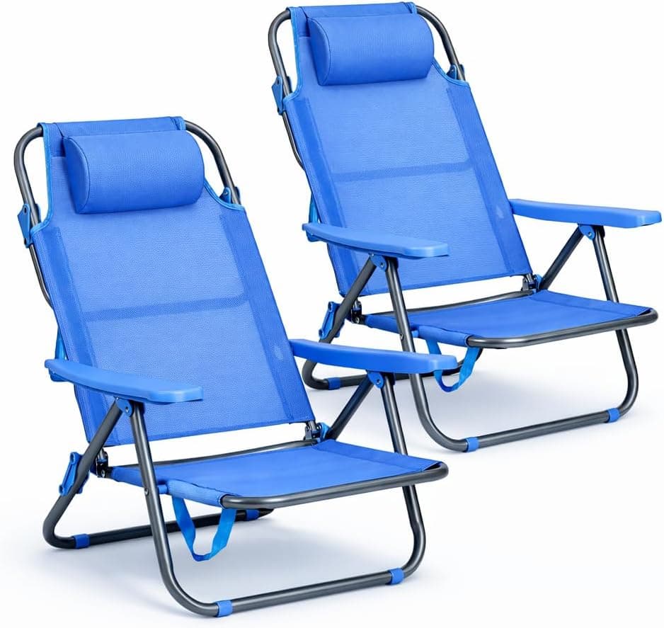 T-LOVENDO.ES Pack de 2 Sillas de Playa Reclinables Plegables con Reposacabezas | Sillas Portátiles para Jardín, Camping, Piscina, Terraza | Estructura de Acero Ligera y Tela Transpirable Resistente