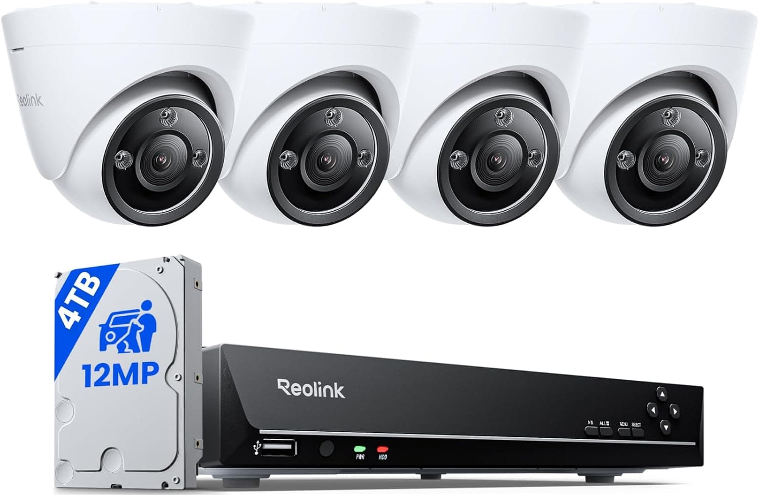 Reolink 12MP Kit Camaras de Vigilancia Exterior con Spotlight, 4X IP PoE Cámaras de Seguridad con HDD de 4TB para Grabación Continua, Visión Nocturna Colorida, Audio bidireccional, RLK8-1200D4-A