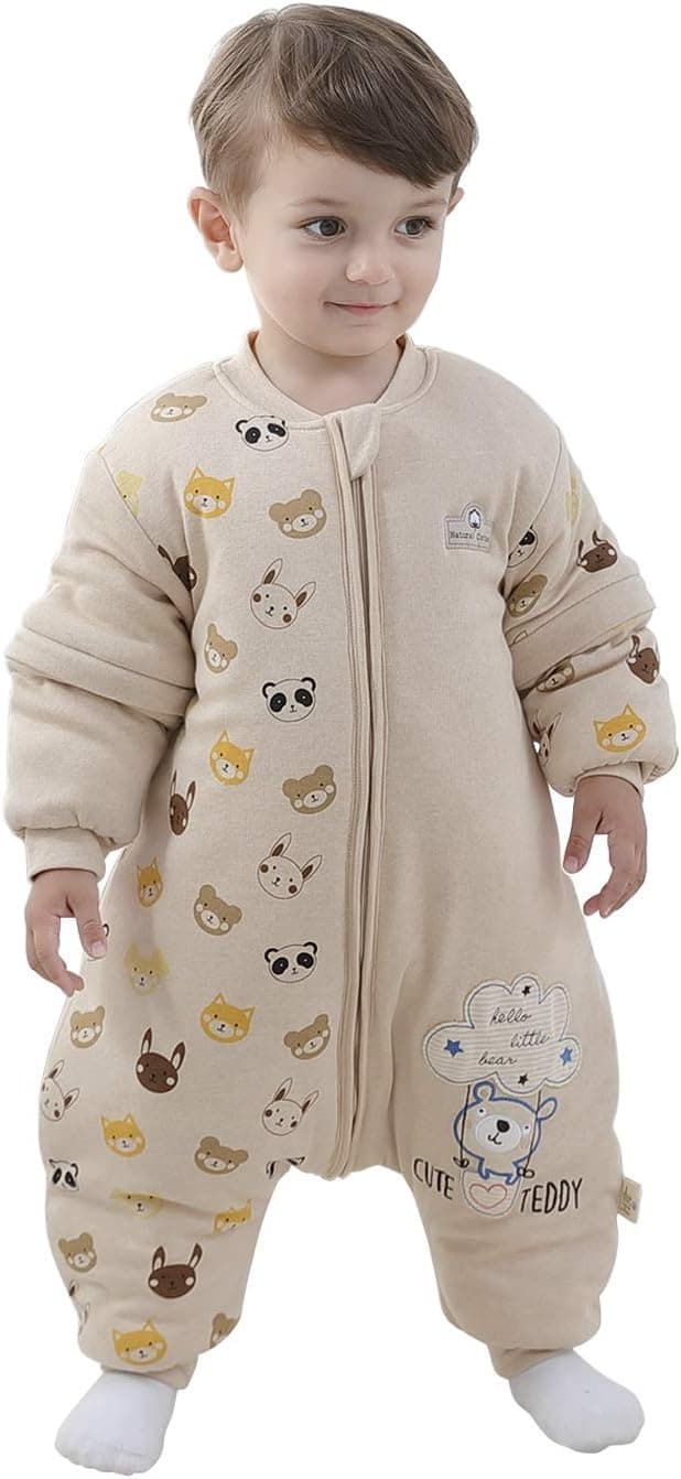 Saco de dormir para bebé con perneras, forro cálido, saco de dormir para invierno, mangas extraíbles, pijama unisex (oso, 6-18 meses (altura del bebé 75-85 cm)