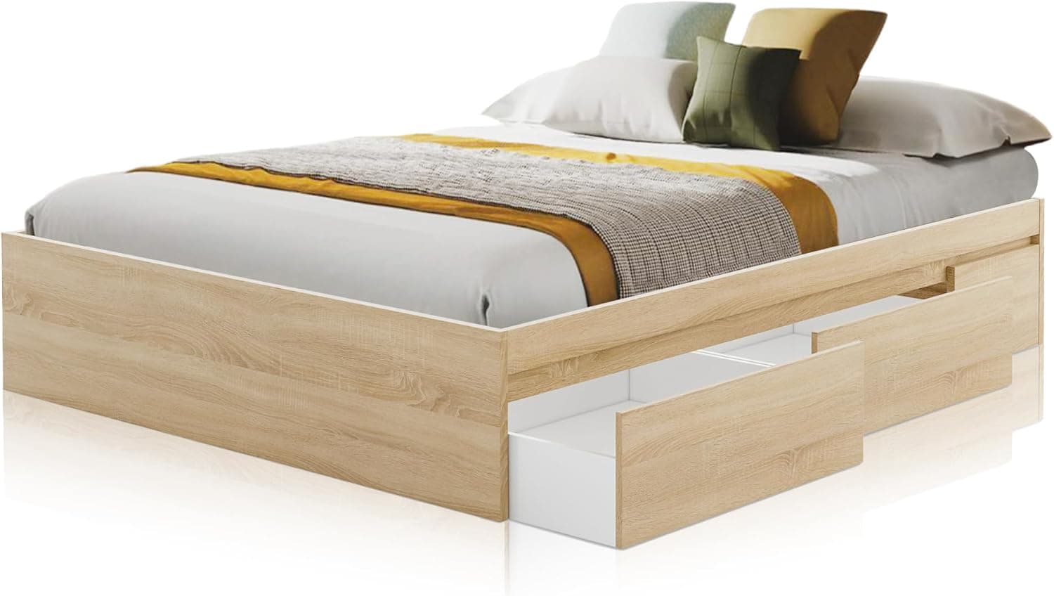 duehome | Cama Doble, Cama con Almacenaje, Modelo Four, Acabado en Roble Canadian, Medidas: 156 cm (Ancho) x 196 cm (Largo) x 37 cm (Alto)