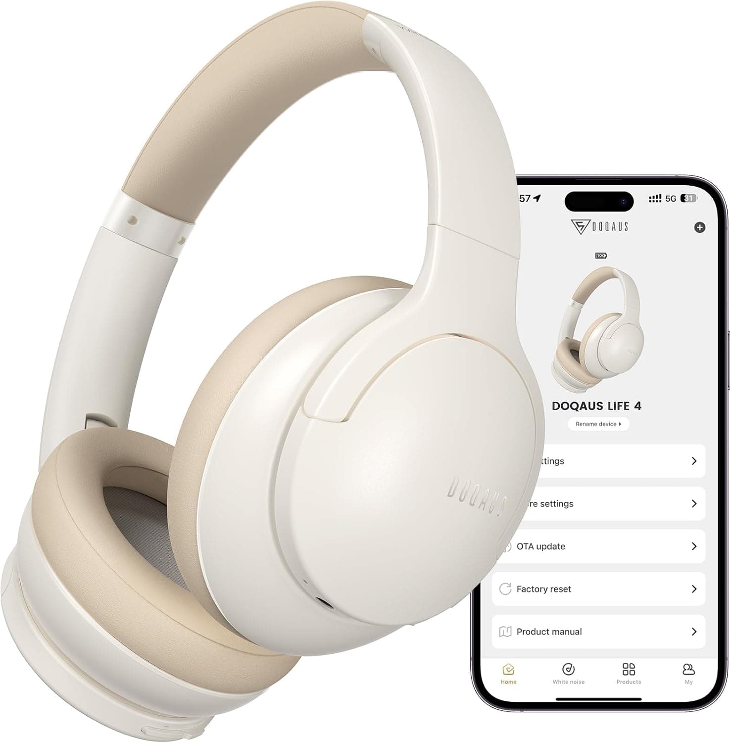 DOQAUS Auriculares Bluetooth Diadema,Blanco Grisáceo