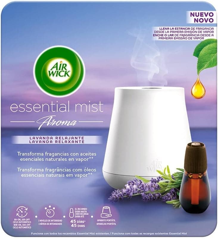 Air Wick Essential Mist - Aparato y recambios de ambientador difusor, esencia para casa con aroma a Lavanda Relajante - pack de 1 aparato y recambio