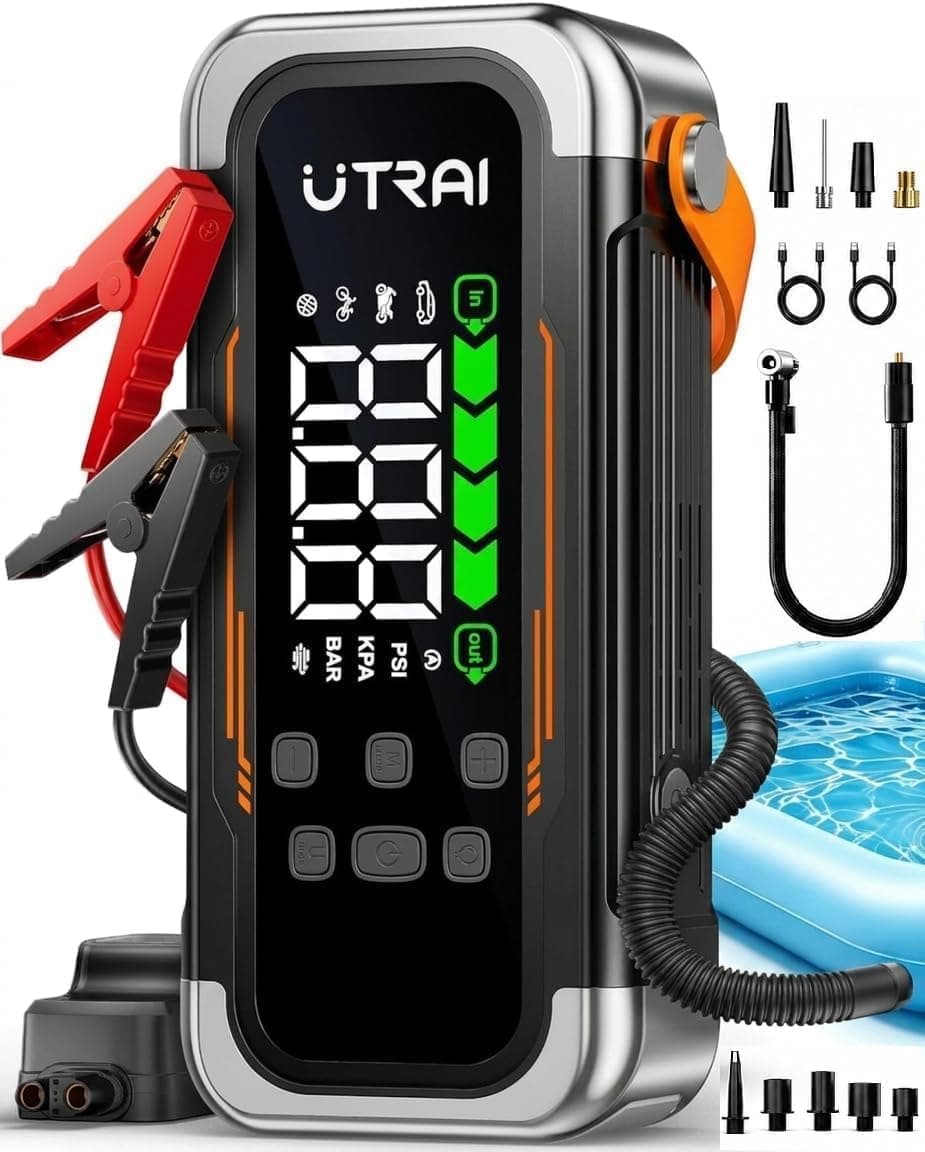 7000A Arrancador de Baterías de Coche con Compresor de Aire y Soplador,UTRAI 12V Arrancador de Coche Portatil con 30W PD,Luz de Emergencia,Pantalla LCD,800-Lumen LED (Todo Gas/12,0L Diésel)