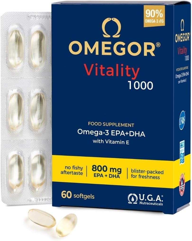 OMEGOR Vitality 1000 Omega 3 60 Cápsulas IFOS Certificado - Aceite de Pescado Omega-3 1000mg con EPA y DHA - Libre de Metales Pesados, Sin Sabor a Pescado, Facil de Digerir