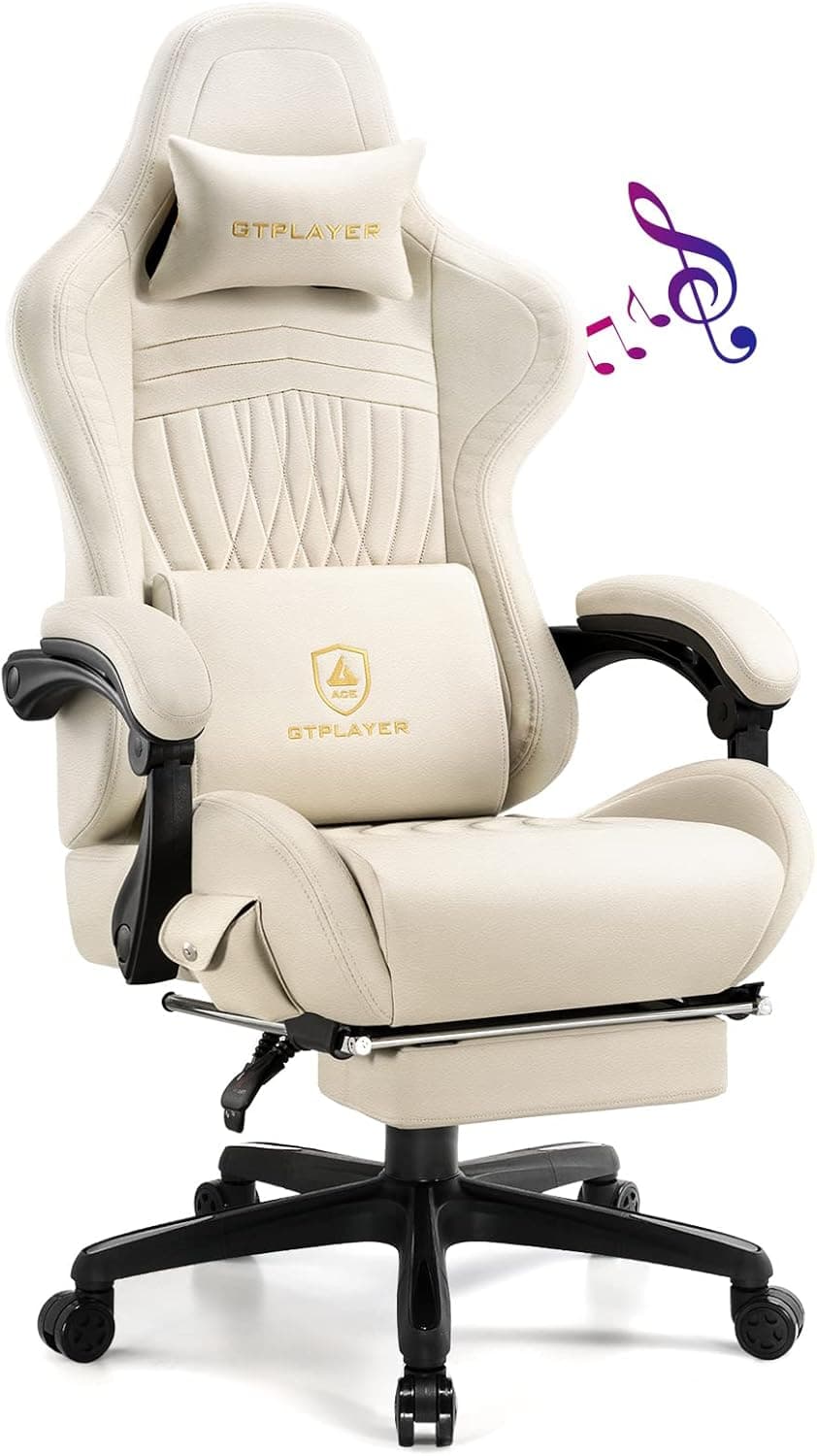 GTPLAYER Silla Gaming Reposapiés Altavoz Bluetooth Silla Ergonómica Gamer Oficina Asiento Giratorio con Reposabrazos Sincronizados y Más Cojín Lumbar de Apoyo (Marfil)