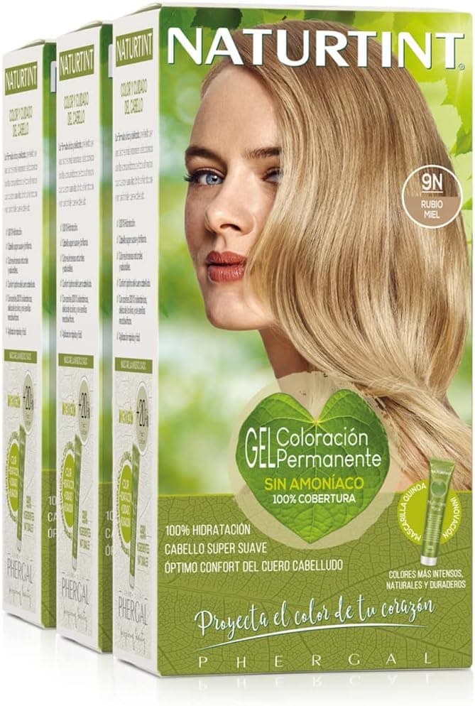 Naturtint Biobased | Coloración sin amoniaco | 100% cobertura de canas | Ingredientes vegetales | Color natural y duradero | 9N Rubio Miel | Pack de 3