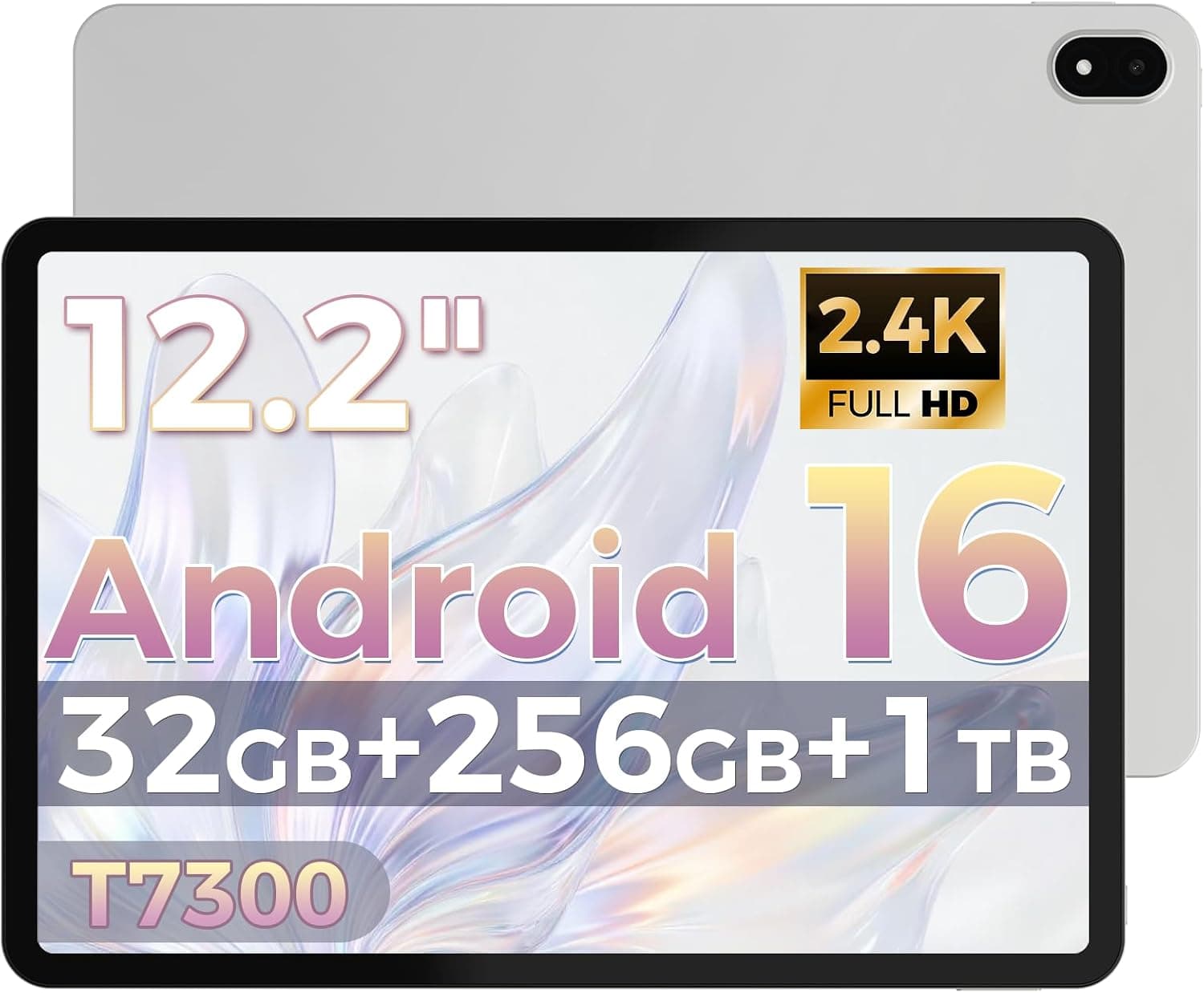 Tablet 12 Pulgadas Android 16, 32GB RAM+256GB ROM, T7300 Octa-Core, 10000 mAh, 2400 * 1600IPS 2.4K,90Hz, Widevine L1, IP54,Tableta with Aguja，Estuche Negro