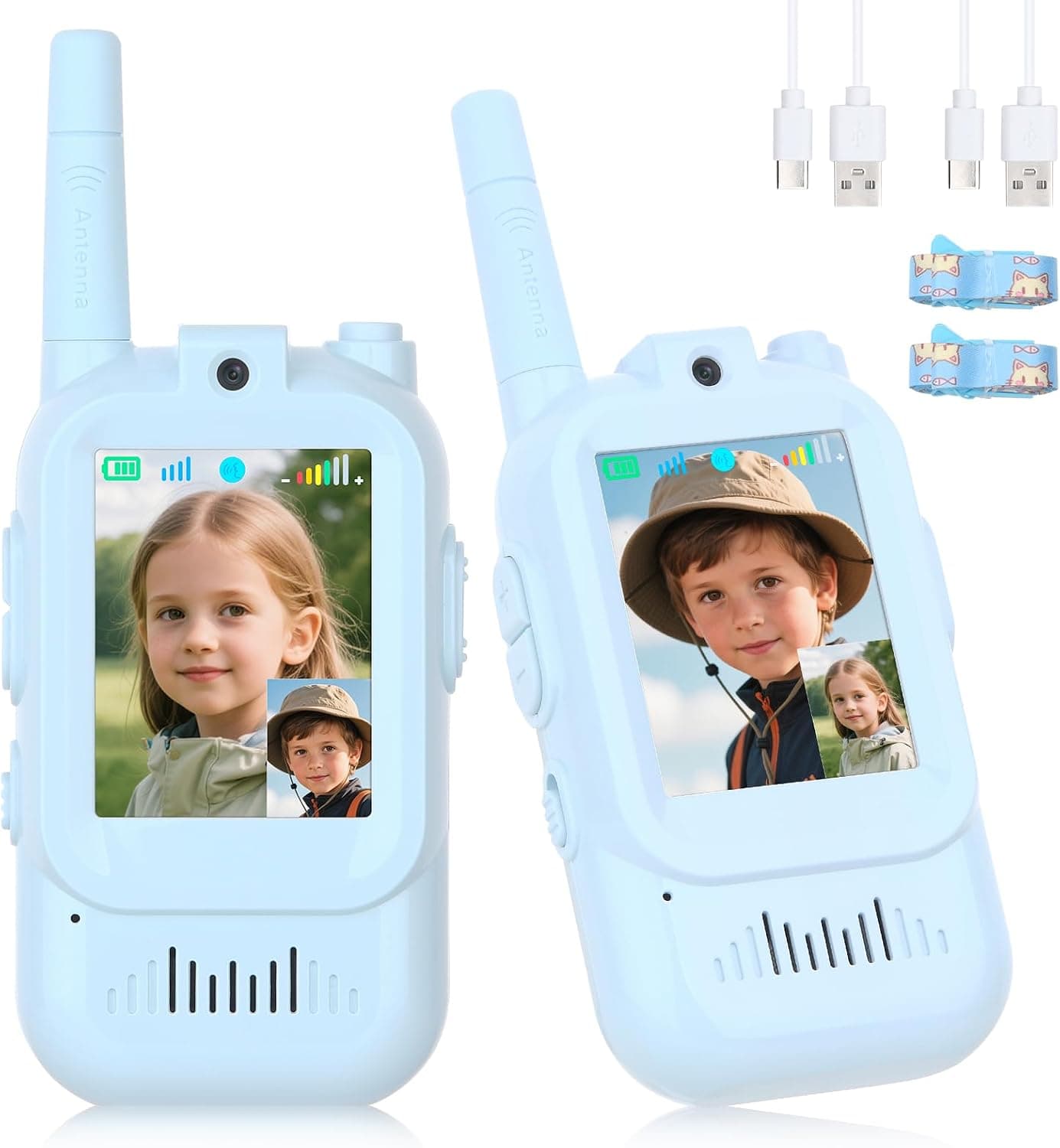 Walkie Talkies con Videollamada para Niños (Paquete de 2), Juguetes Recargables 3-8 Años, Largo Alcance 300m, Regalo Ideal Cumpleaños, Juegos al Aire Libre