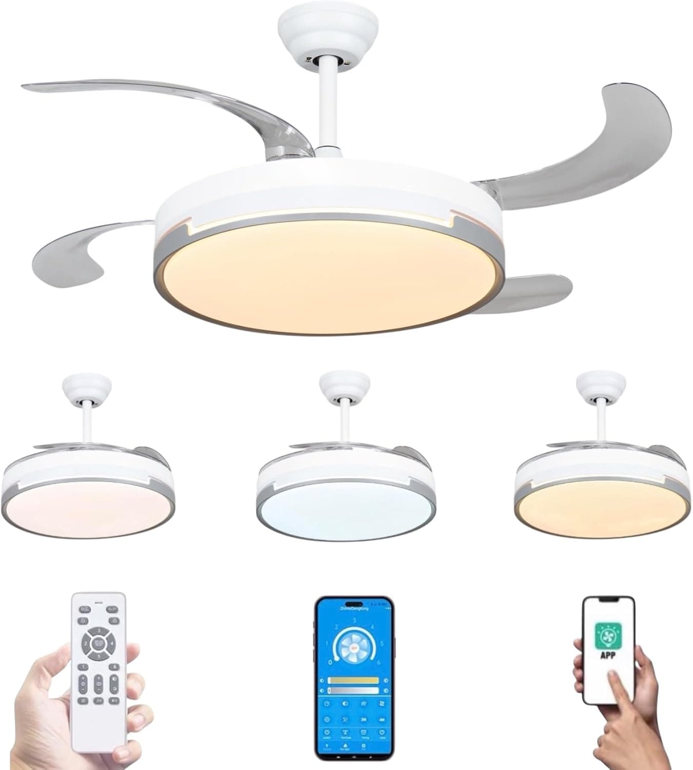 Mi Ko Mi Ka Ventilador de techo 96W con luz LED 60W+DC 36W en 3 Temperatura con Mando a Distancia -Motor DC Eficiente y Silencioso,aspas desplegables, 6 velocidades, control remoto, temporizador.
