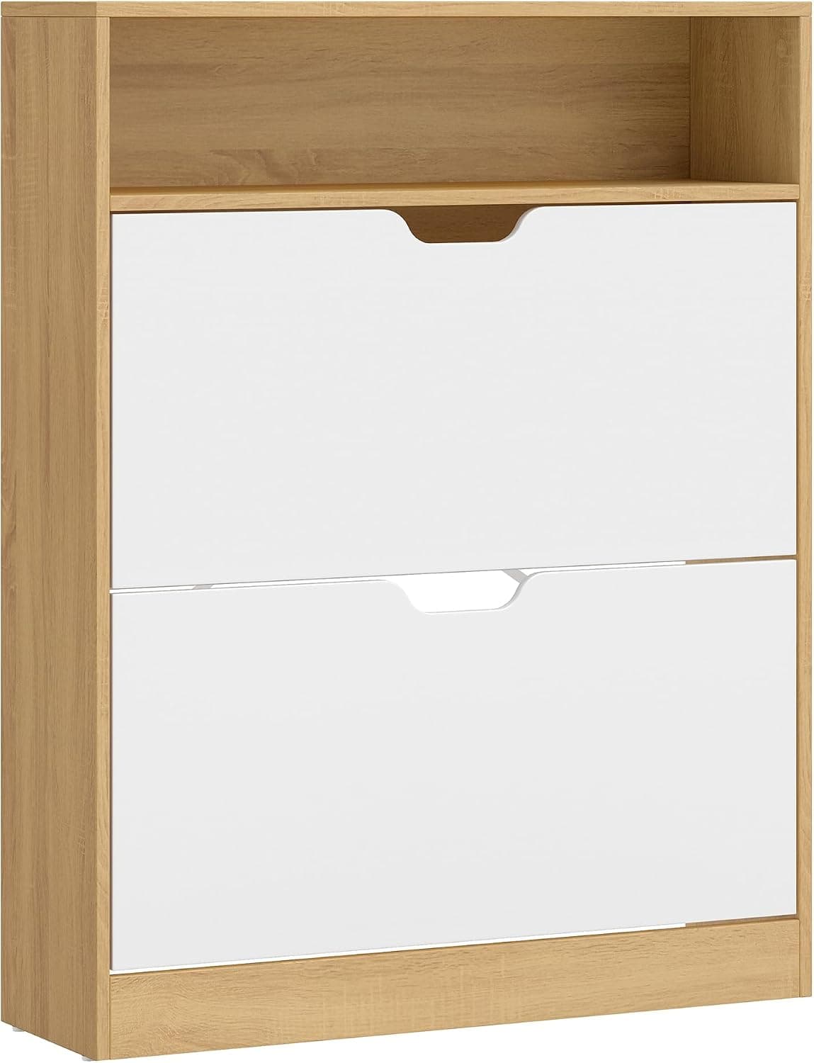 VASAGLE Custos Colección - Zapatero con Compartimiento Abierto y Divisor Ajustable, para Entrada, 2 Puertas Abatibles, 24 x 80 x 102 cm, para 14-16 Pares, Roble Dorado y Blanco Nube LBC048YA02