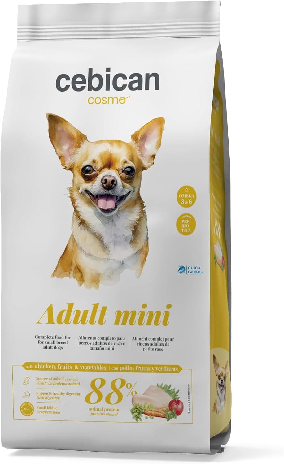 Adult Mini 3 kg – Pienso para Perros Adultos de Razas Pequeñas con Pollo – Pienso con Prebióticos y Glucosamina para Pelo Brillante y Cuidado Articular – 88% Proteína Animal