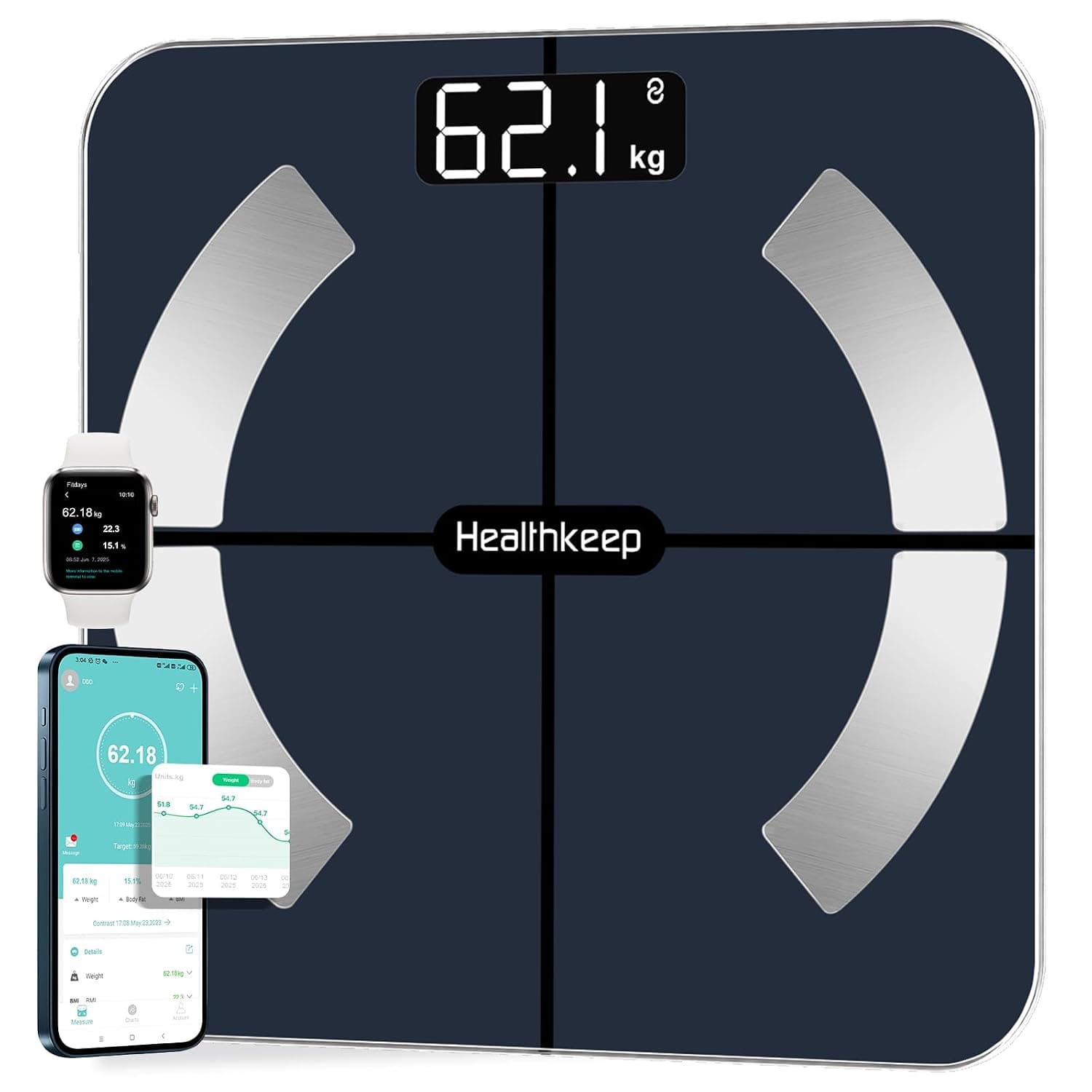 Báscula Grasa Corporal Báscula de Baño Wireless Báscula Baño Digital Analizar Más de 13 Funciones, Monitores de Composición Corporal Máximo 180kg para Andriod y ios, Vidrio templado, Negro