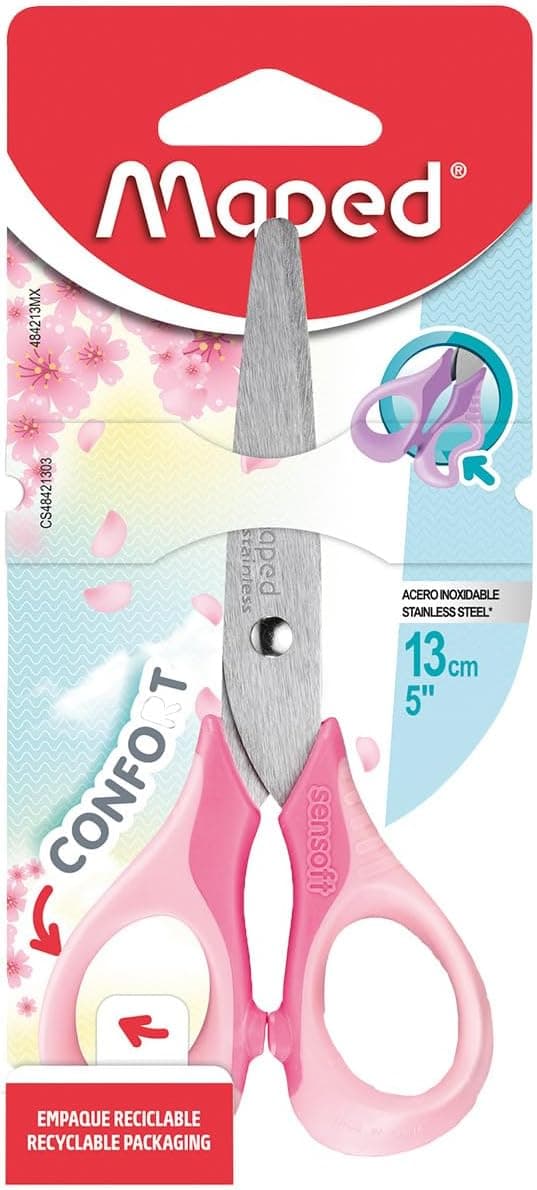 Maped Tijeras Escolares Sensoft Pastel 13 cm, Tijeras Infantiles con Agarre Ergonómico, Anillas Blandas y Cuchillas de Acero, Diseño Clásico y Cómodo